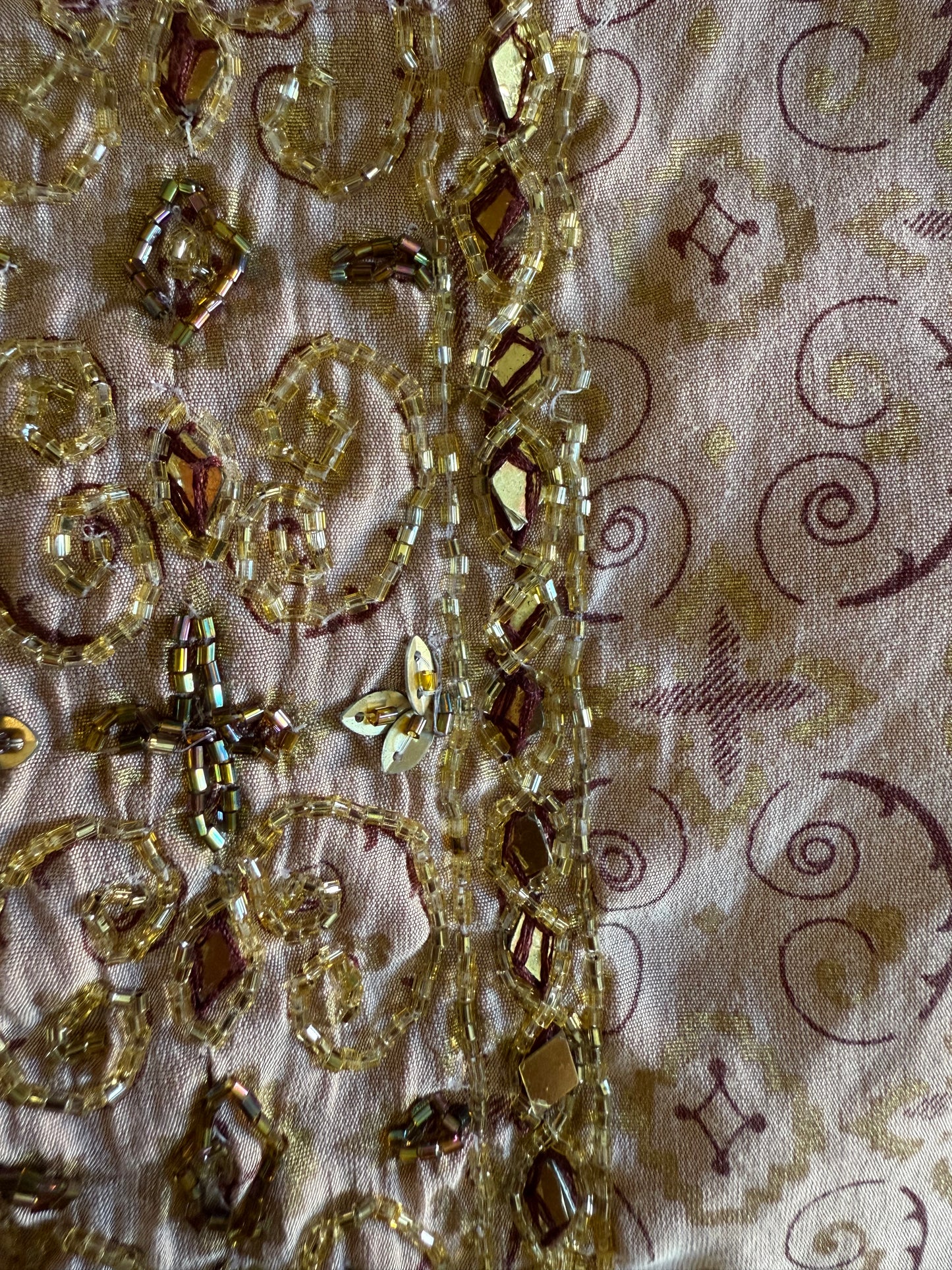 1970's vintage lilac midi dress with gold and purple geometric pattern and glass bead detailing