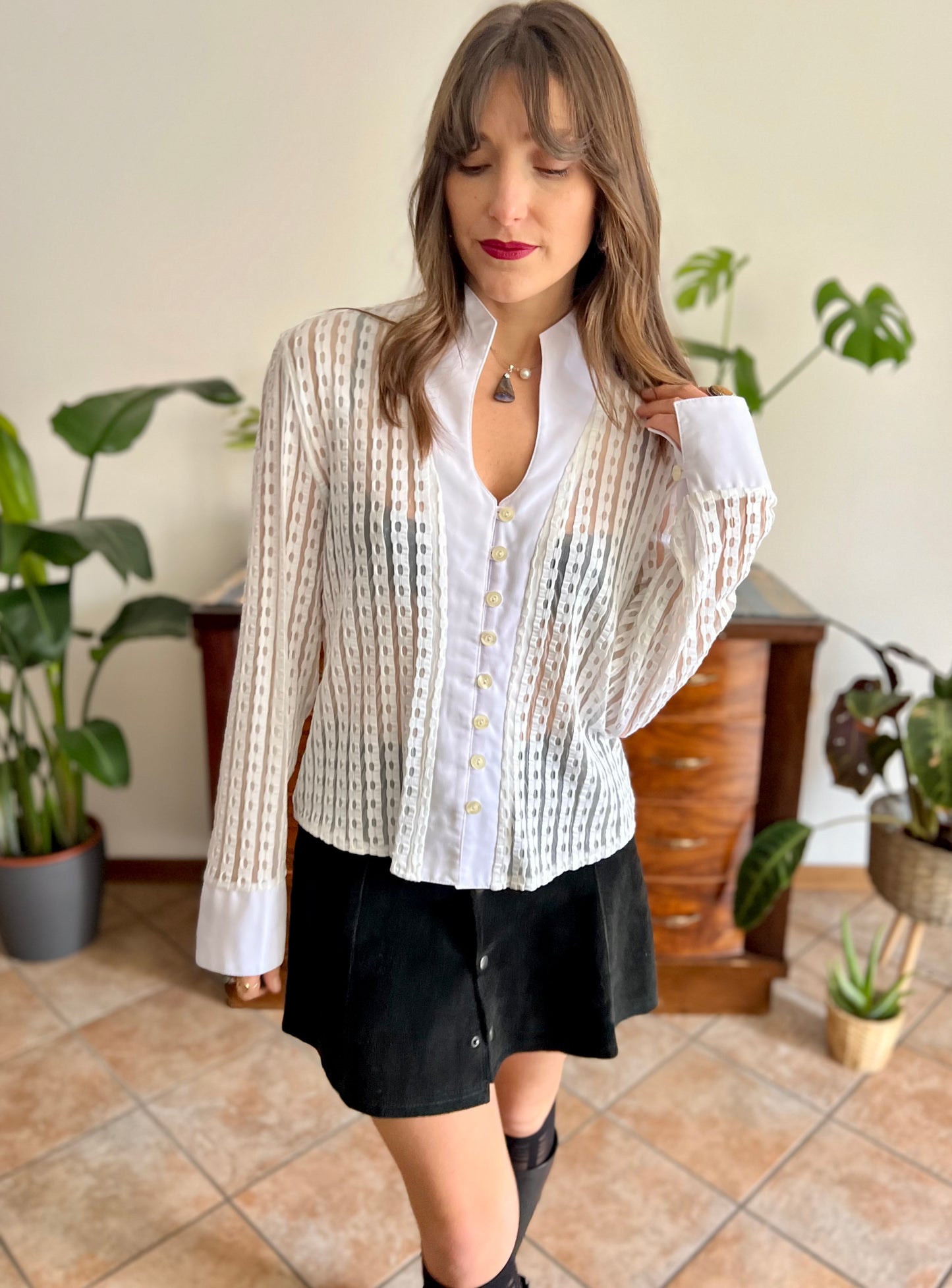 1970's vintage white and cream sheer textured blouse
