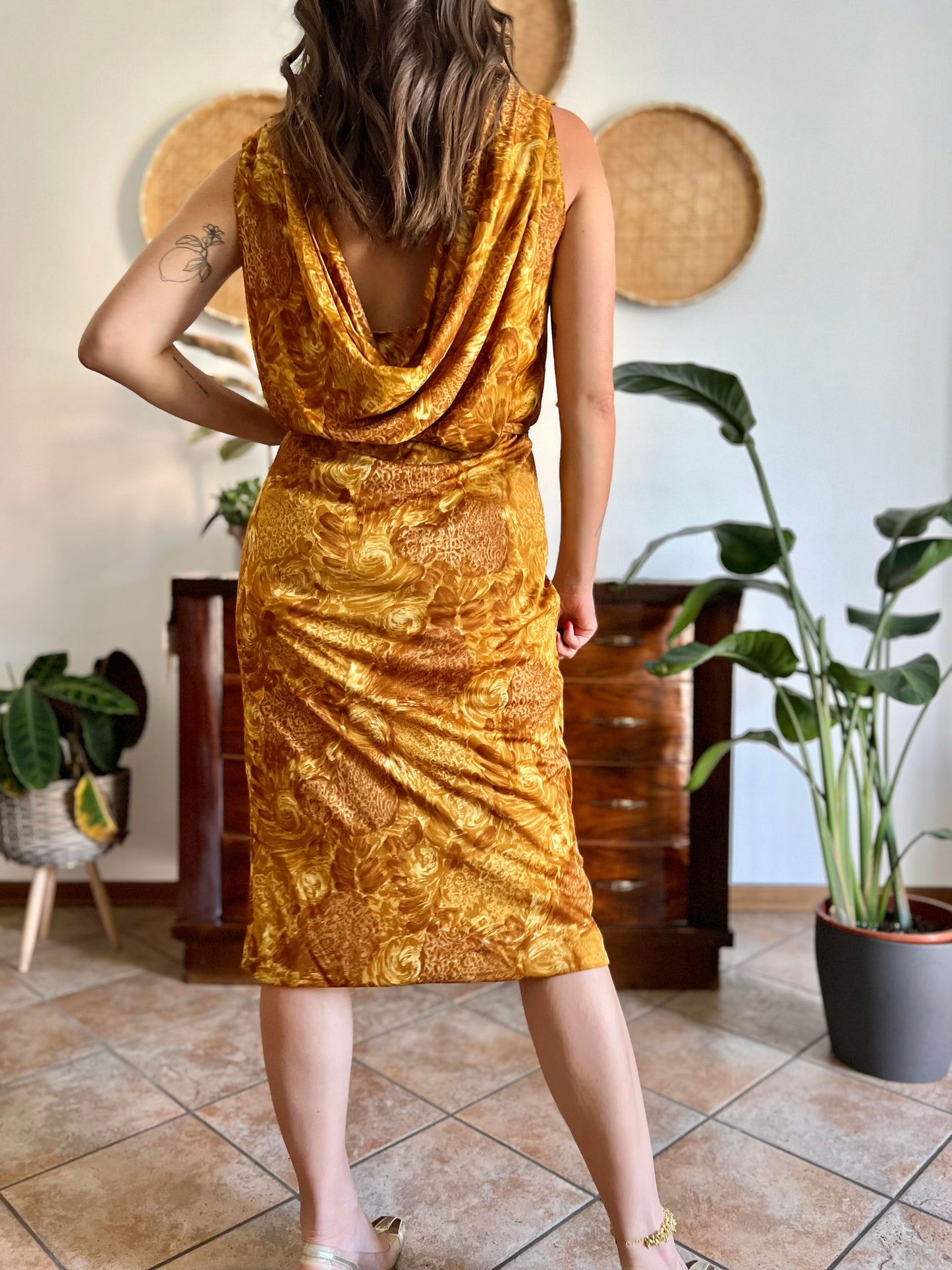 1960's vintage tan and mustard yellow floral print midi dress with cowl back