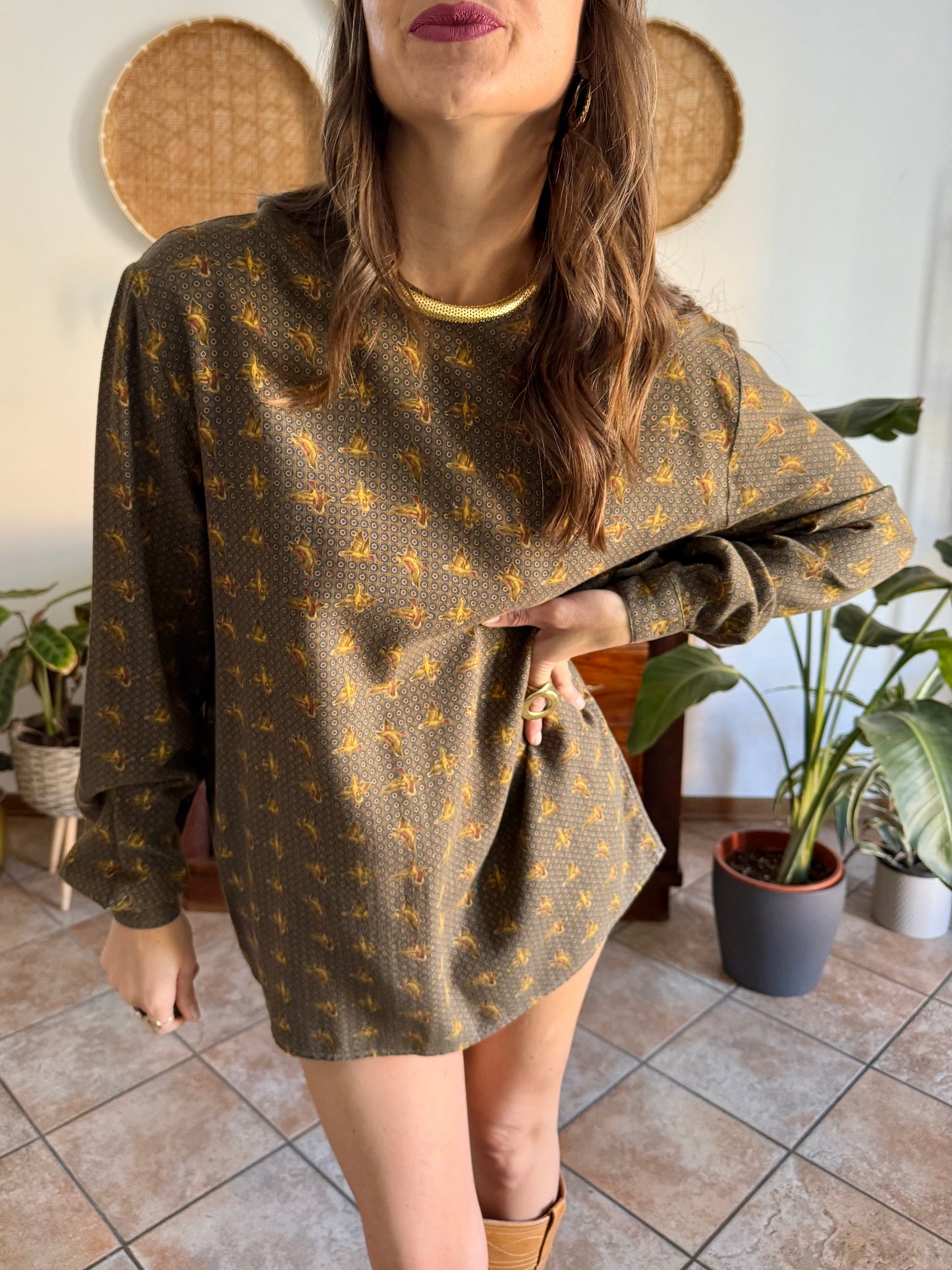 1970’s vintage Emporio Armani dark green, navy and burgundy duck print shirt dress