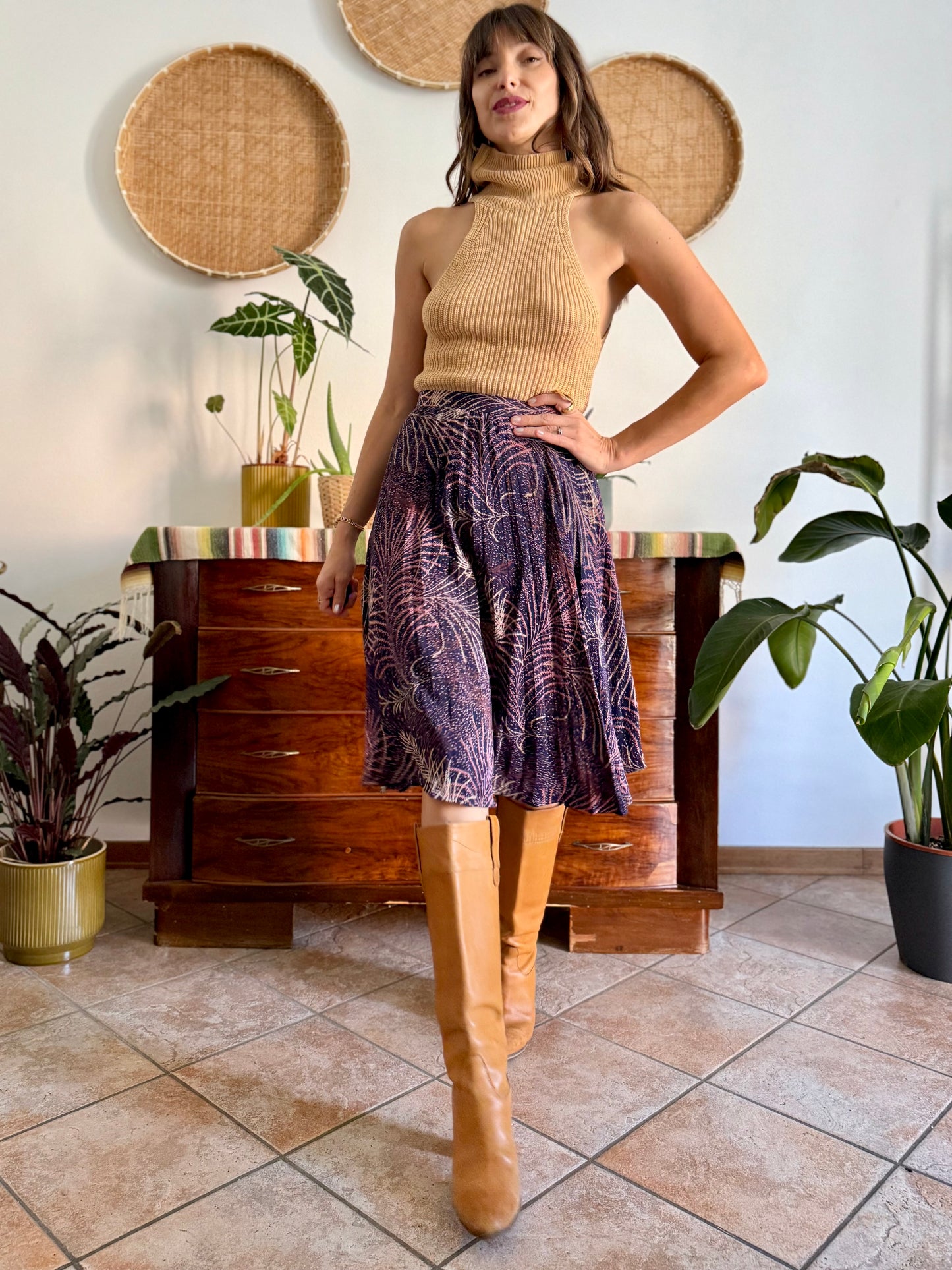 1970's vintage navy blue silk skirt with pink and cream abstract print