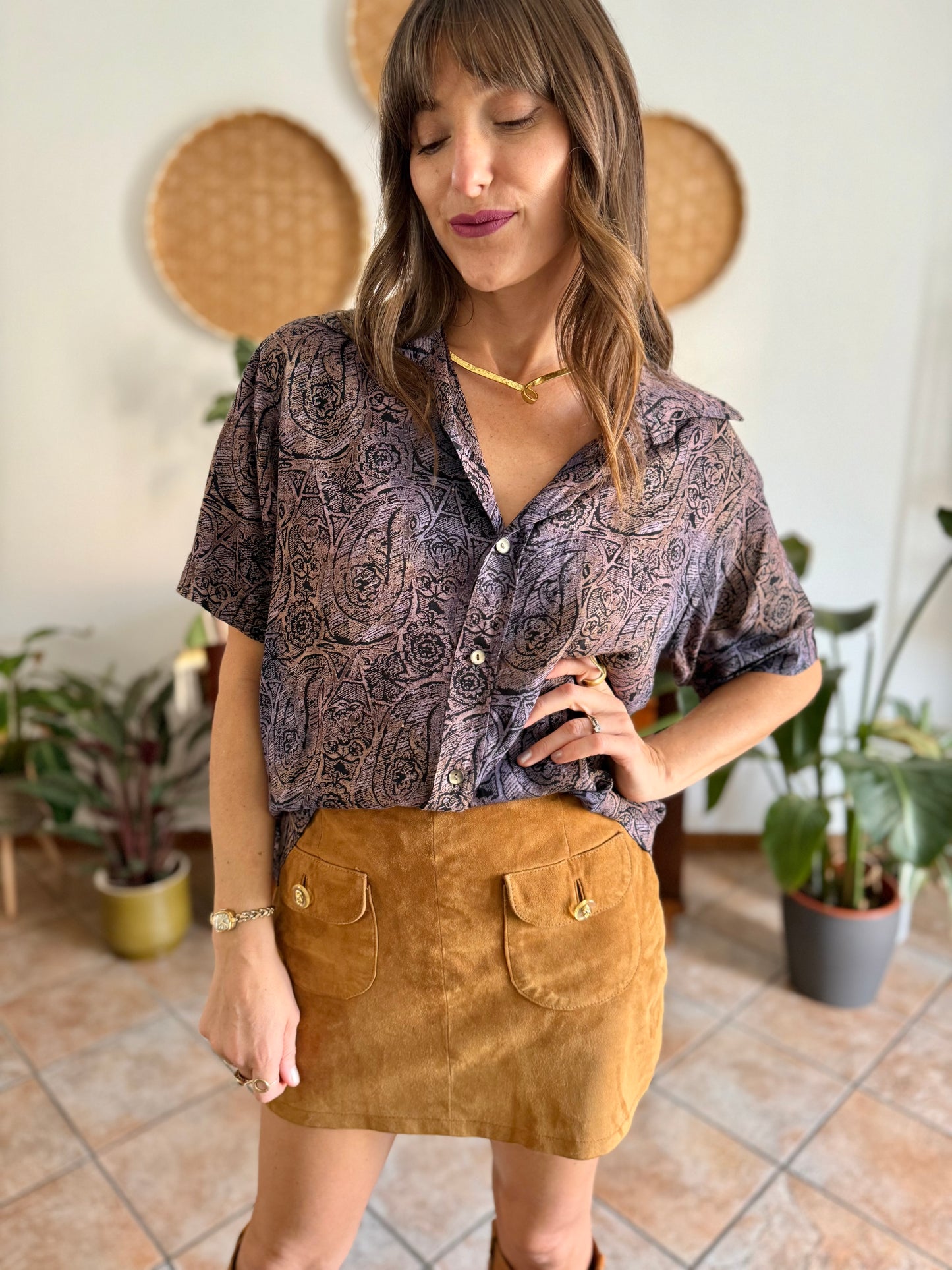 1970's vintage purple, tan and black abstract paisley print
