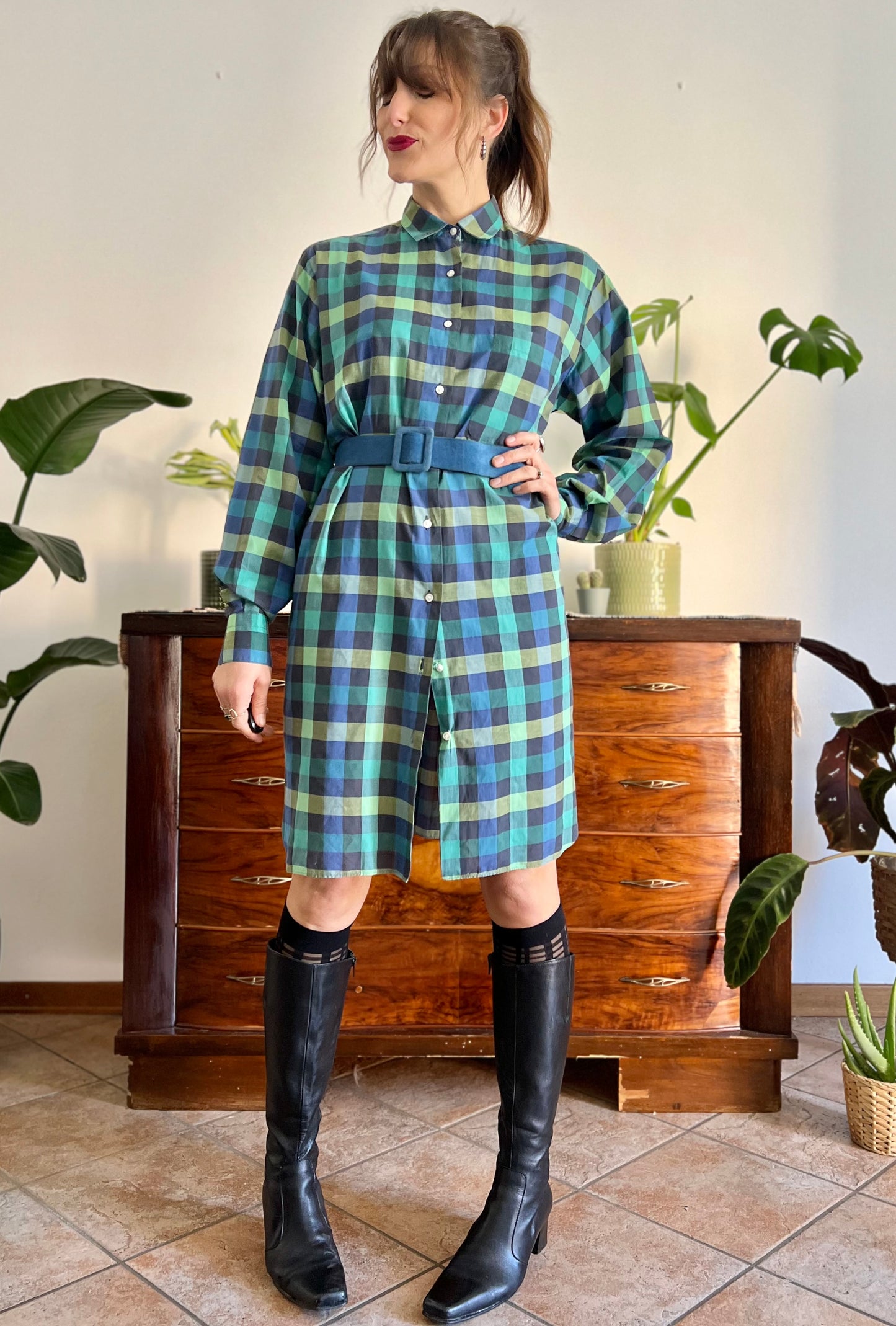 1970's vintage navy, blue, turquoise and green plaid shirt dress with turquoise leather belt