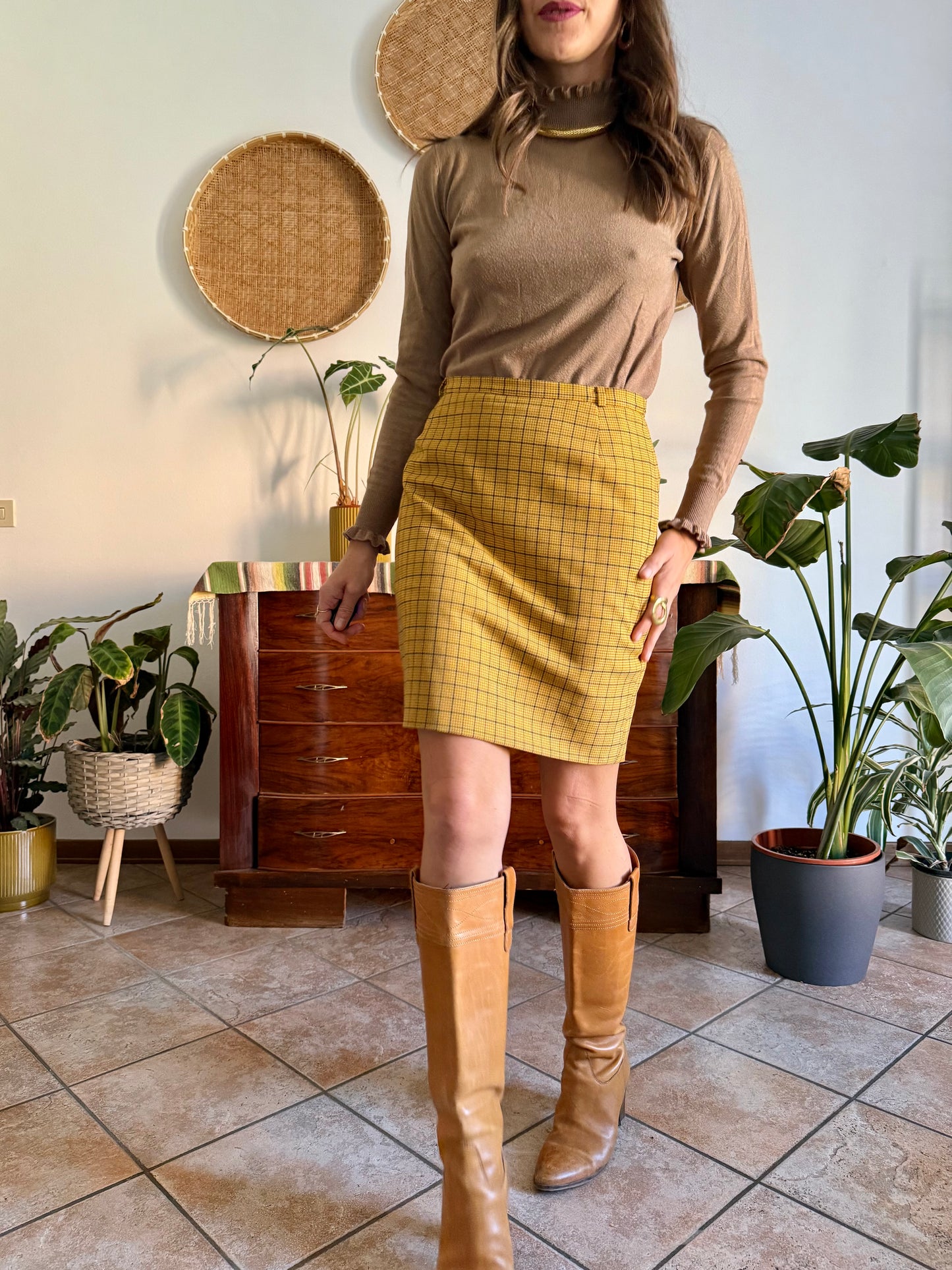 1970’s vintage mustard yellow and grey herringbone mini skirt