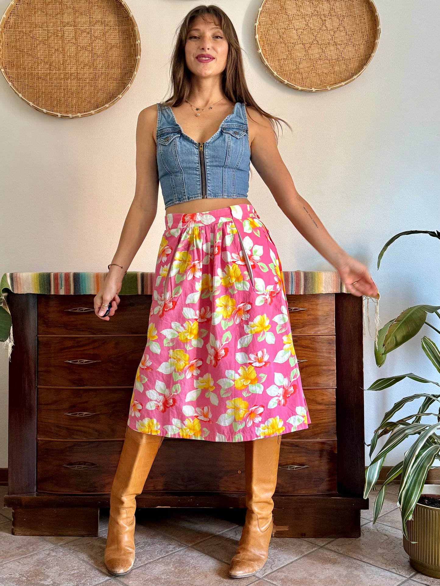 1970’s vintage pink and yellow button down midi skirt