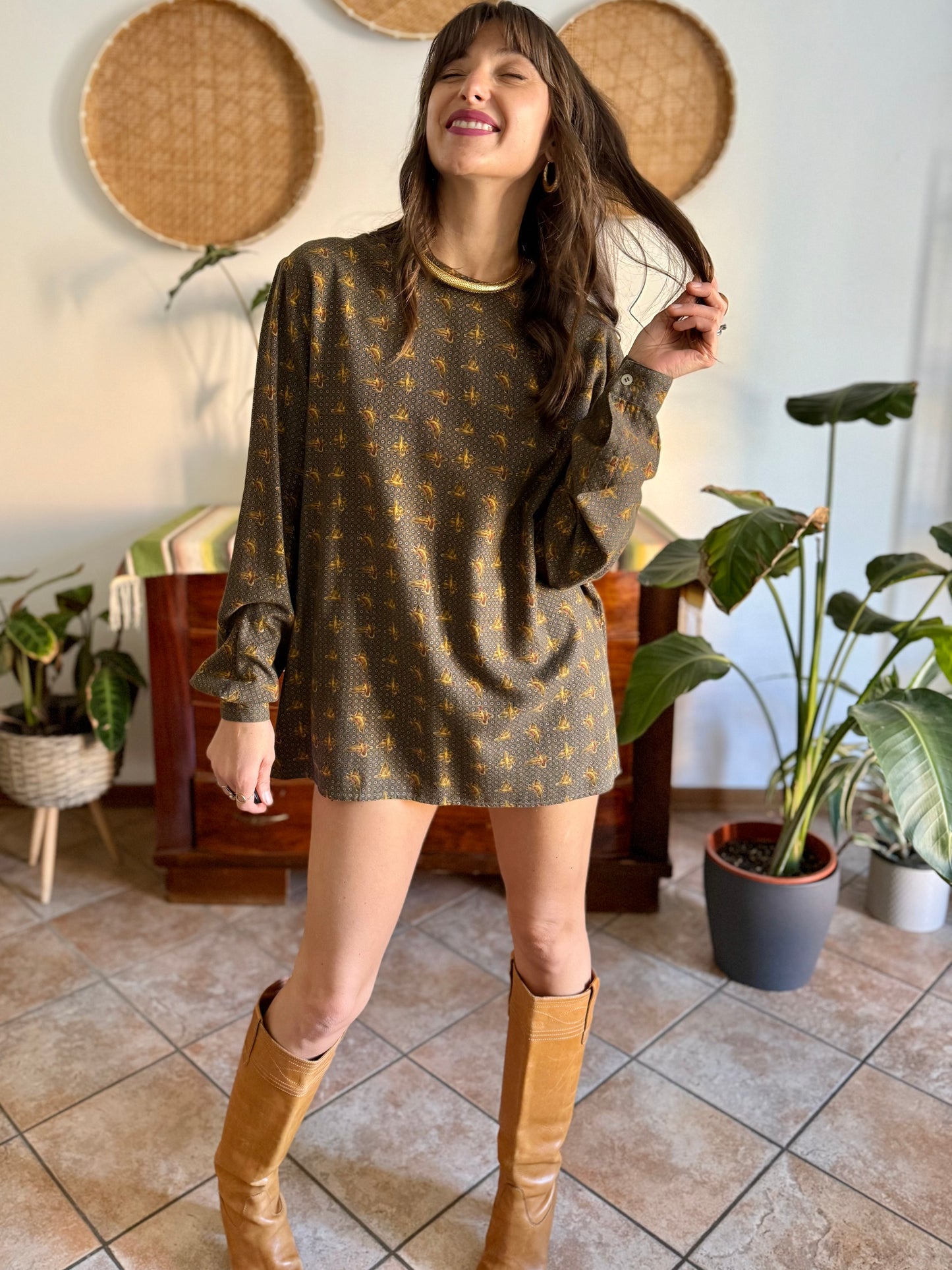 1970’s vintage Emporio Armani dark green, navy and burgundy duck print shirt dress