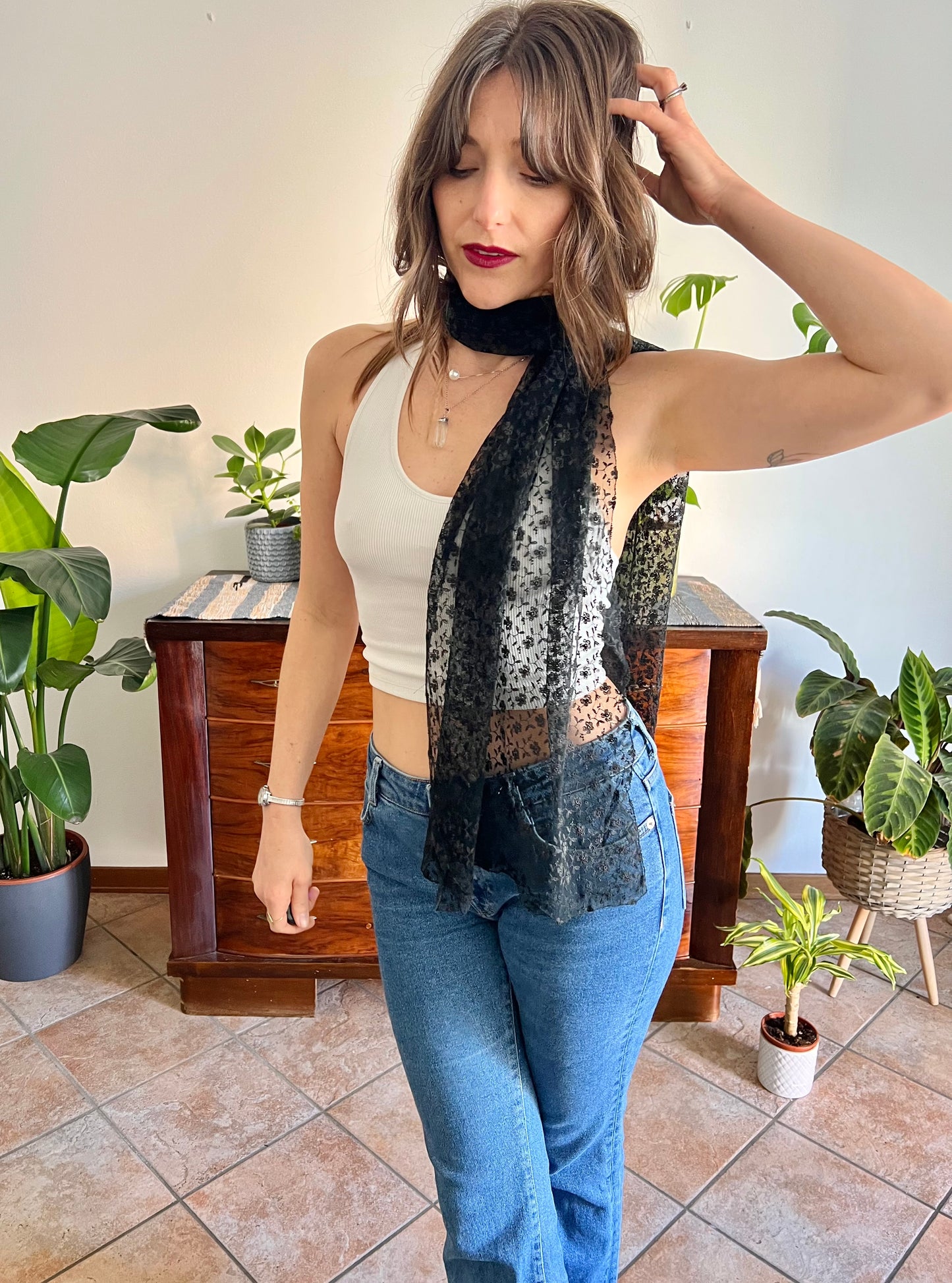 1950's vintage hand made black lace scarf