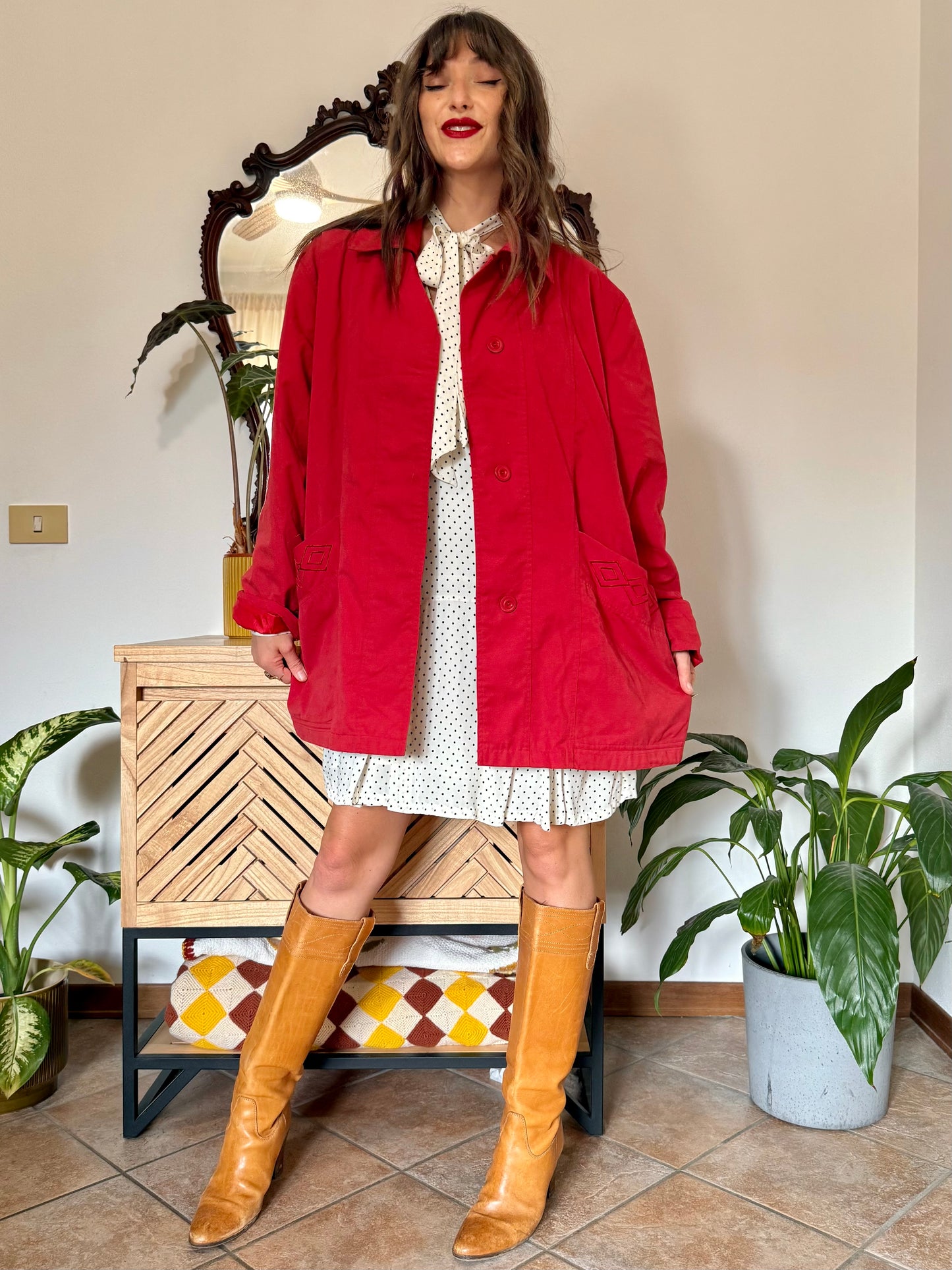1990’s vintage cherry red chore coat with diamond embroidered detailing