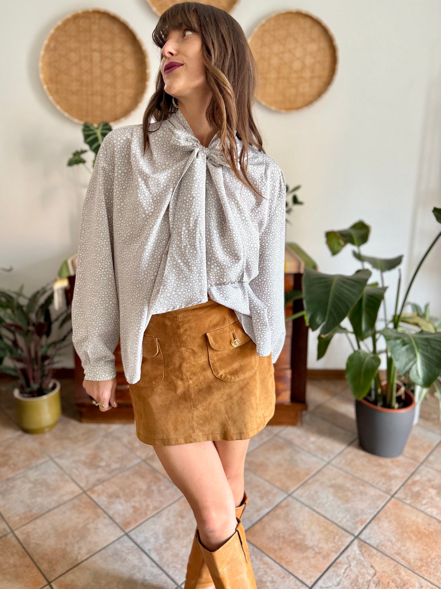 1970's vintage grey and white polkadot bow tie blouse