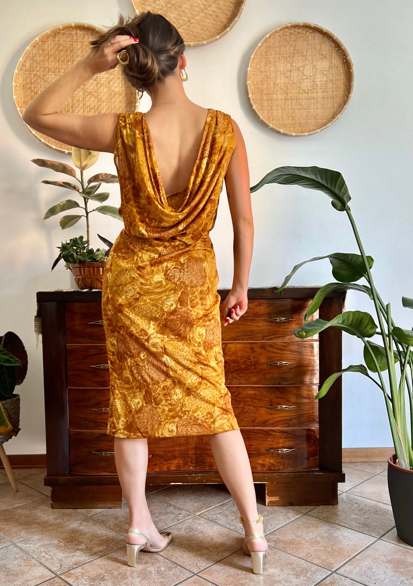 1960's vintage tan and mustard yellow floral print midi dress with cowl back