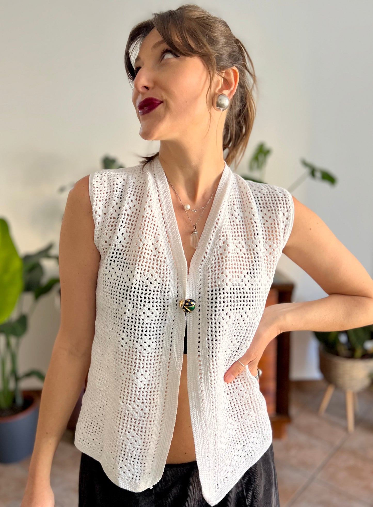 1970's vintage hand crocheted white vest with blue and green lady bug pin closure