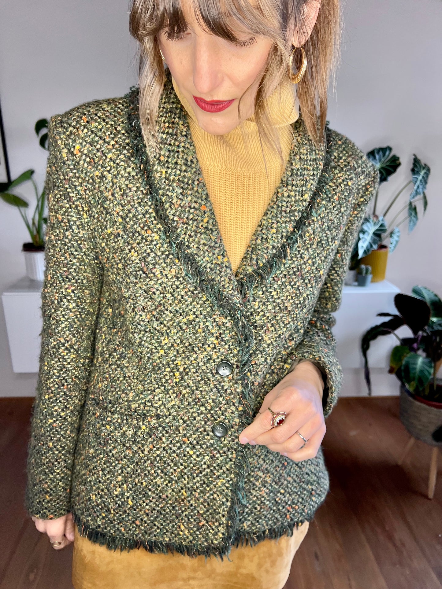 1970's vintage green wool blend green boucle blazer with fringe detail