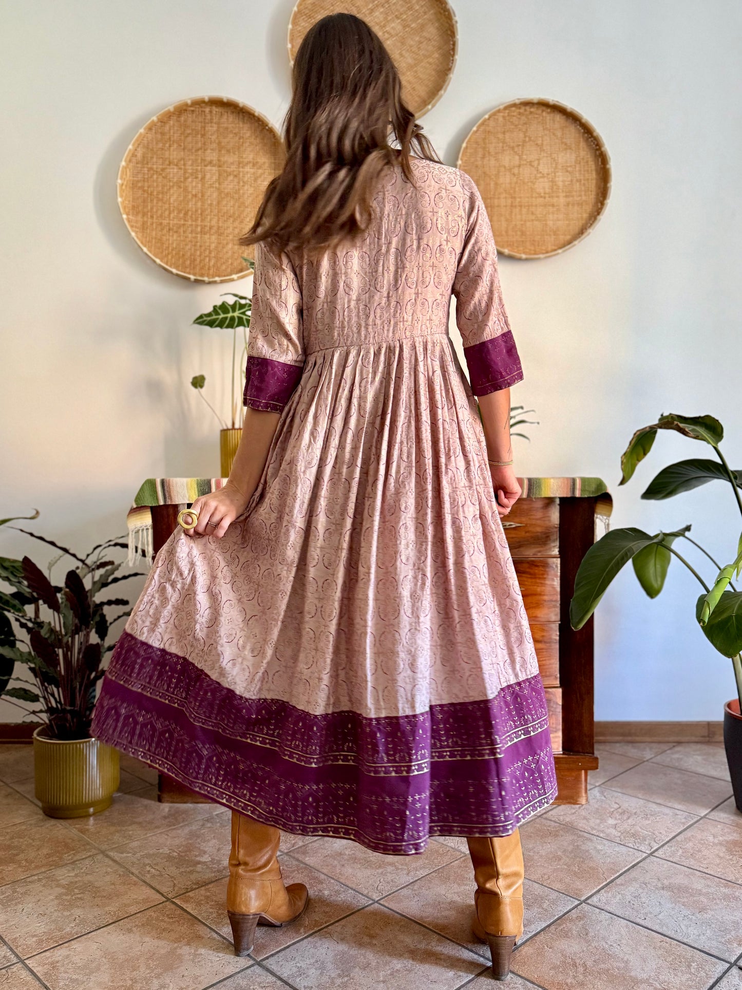 1970's vintage lilac midi dress with gold and purple geometric pattern and glass bead detailing