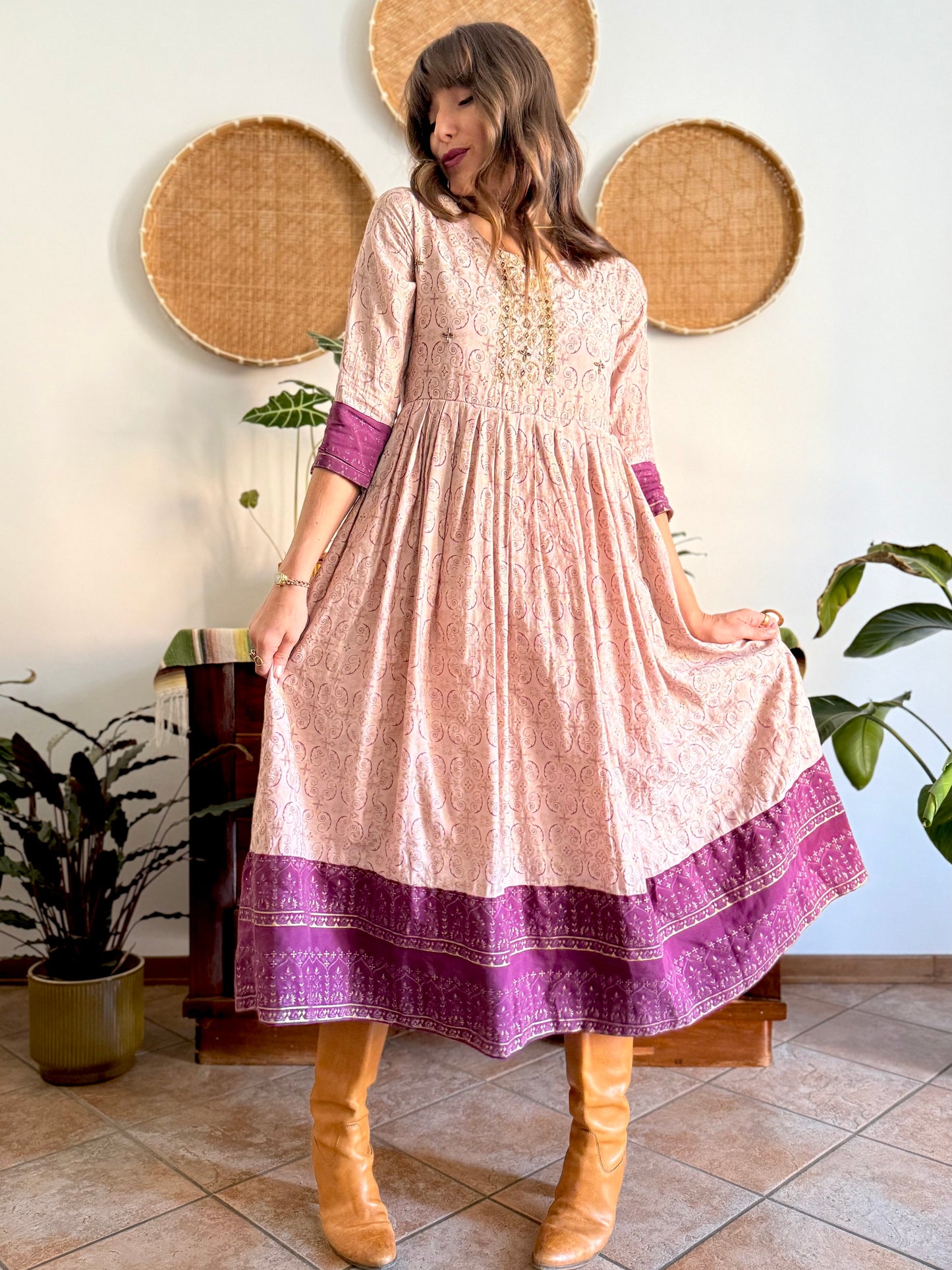 1970's vintage lilac midi dress with gold and purple geometric pattern and glass bead detailing