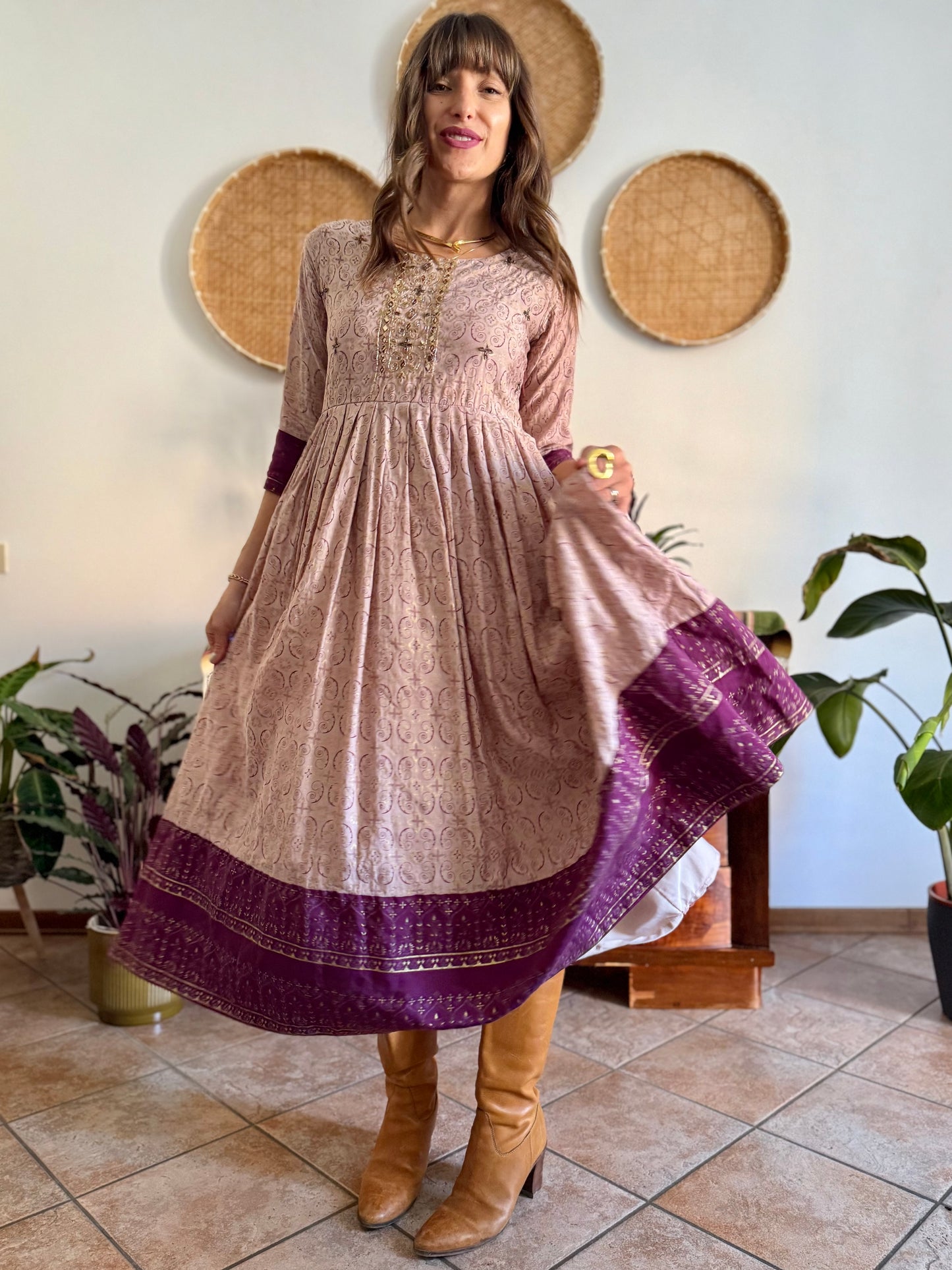 1970's vintage lilac midi dress with gold and purple geometric pattern and glass bead detailing