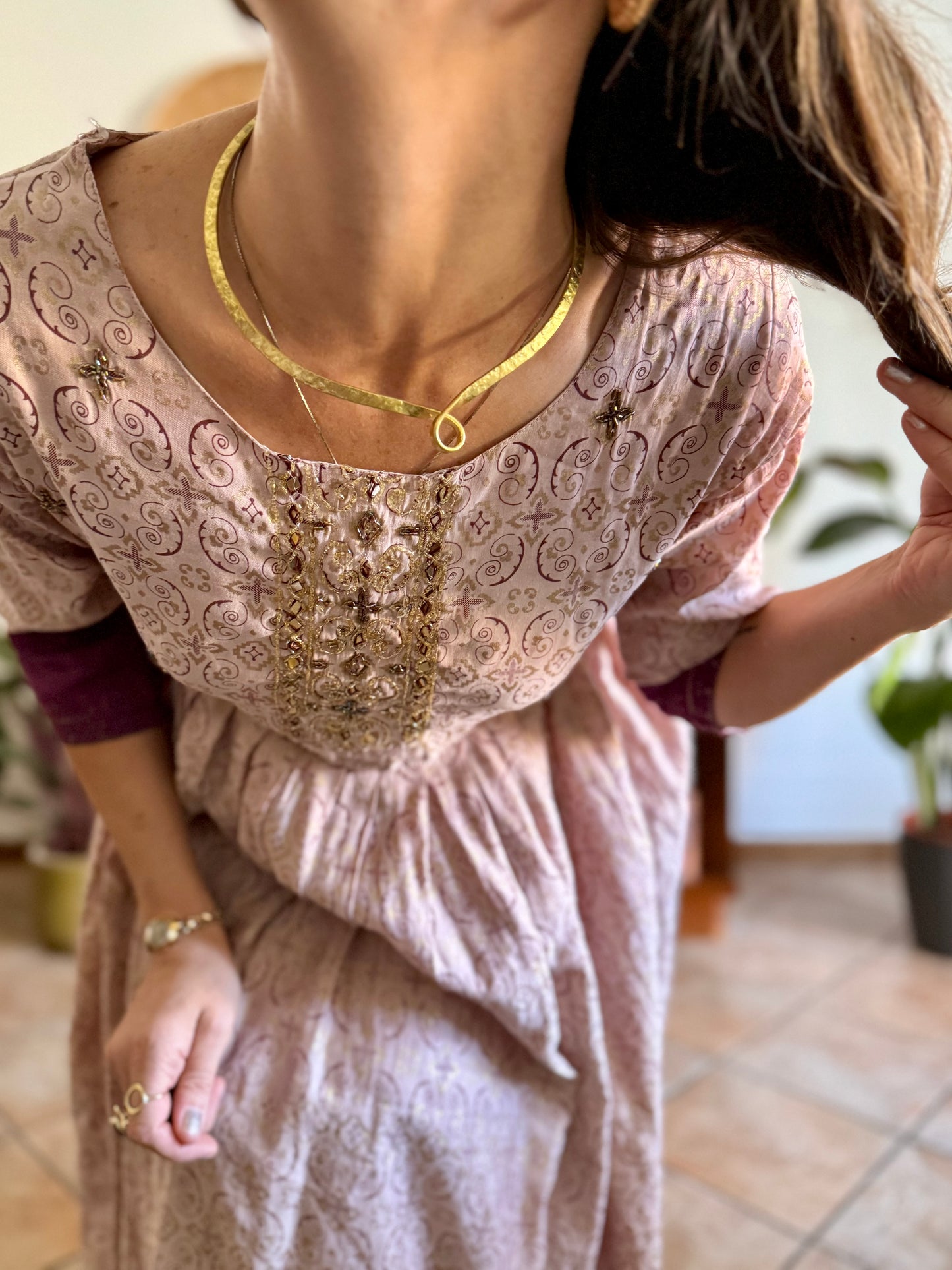 1970's vintage lilac midi dress with gold and purple geometric pattern and glass bead detailing