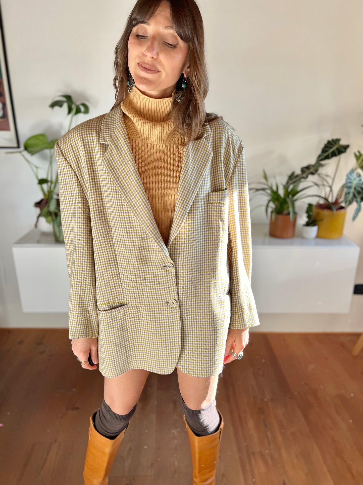 1970's vintage mint and pink oversize plaid wool blazer