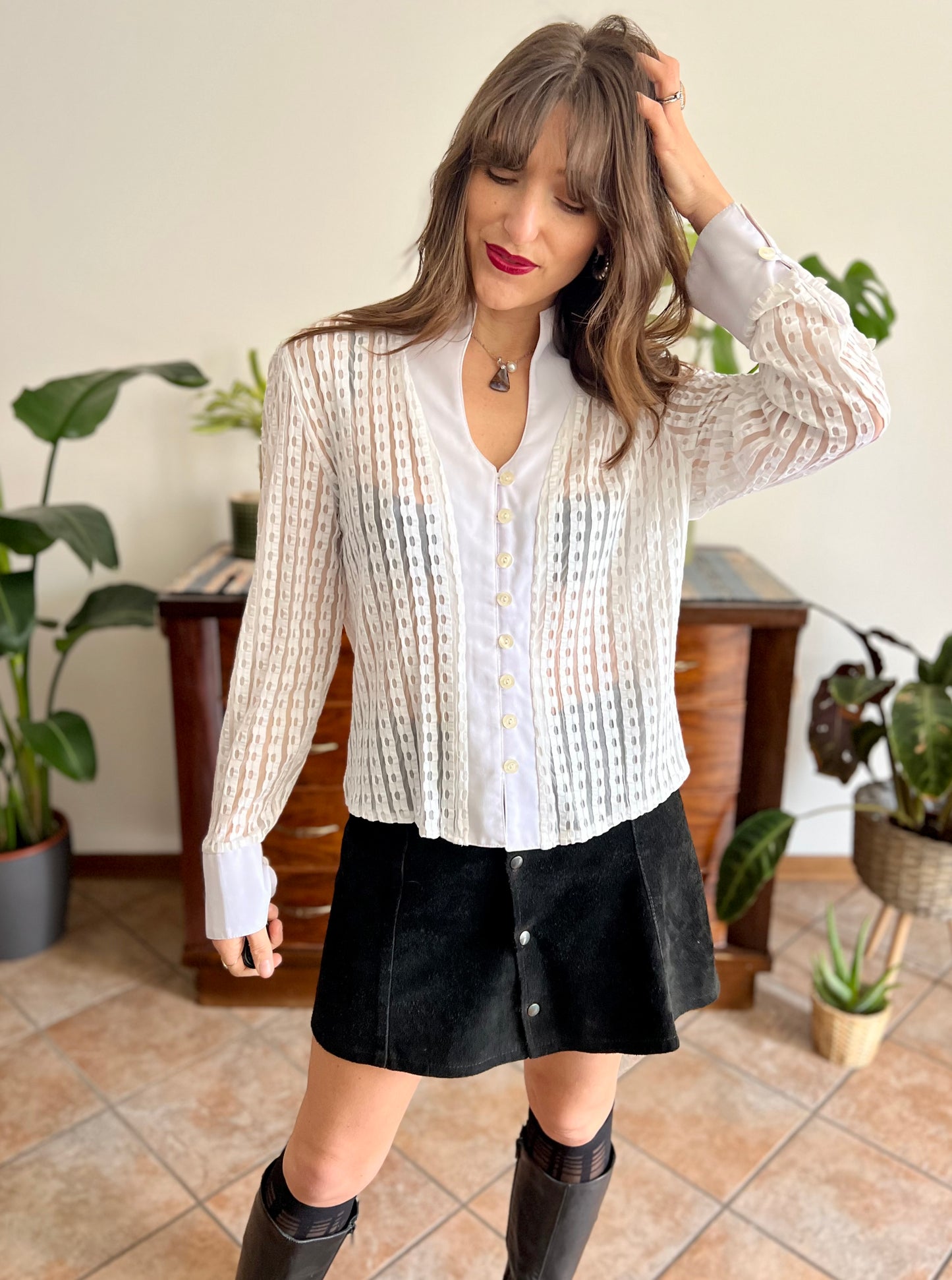 1970's vintage white and cream sheer textured blouse