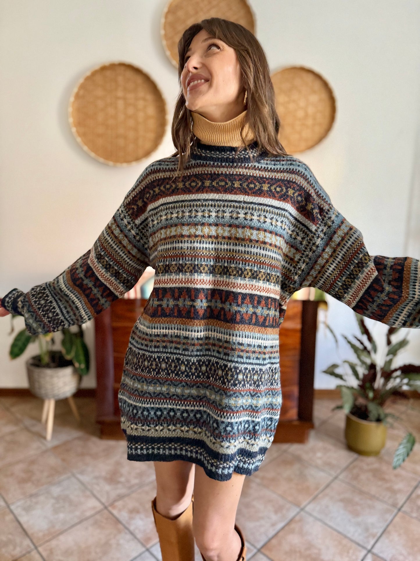 1990's vintage wool chocolate brown, navy and light blue geometric stripe knit sweater dress