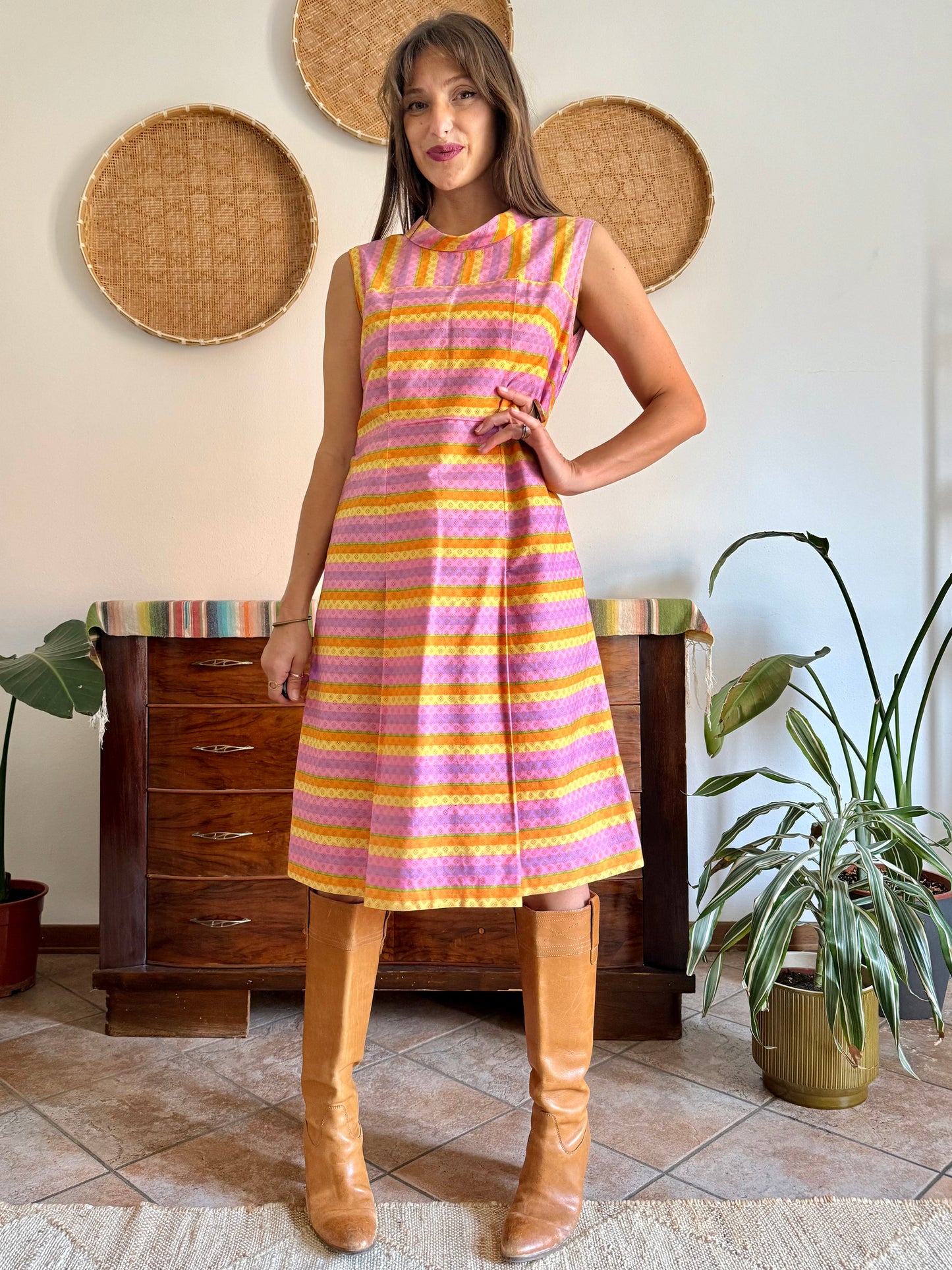 1960’s vintage pink and yellow striped geometric hand block printed midi dress