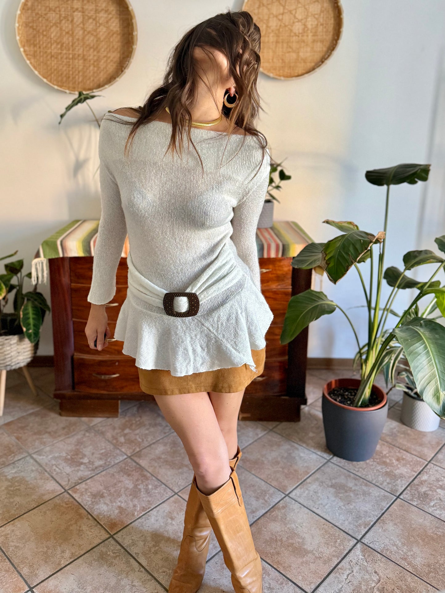 Y2K vintage asymmetrical cream mohair blend knit pullover with belt detail