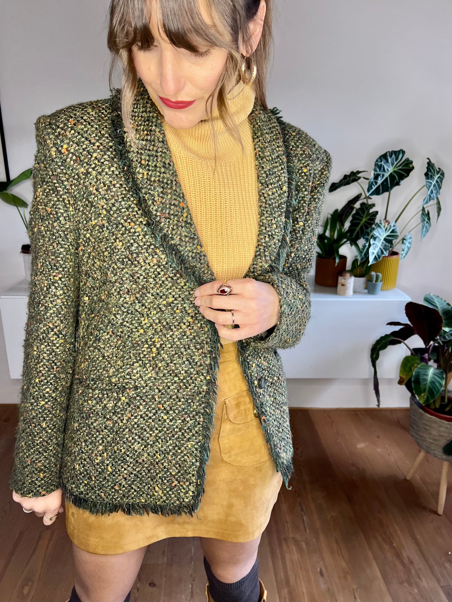 1970's vintage green wool blend green boucle blazer with fringe detail