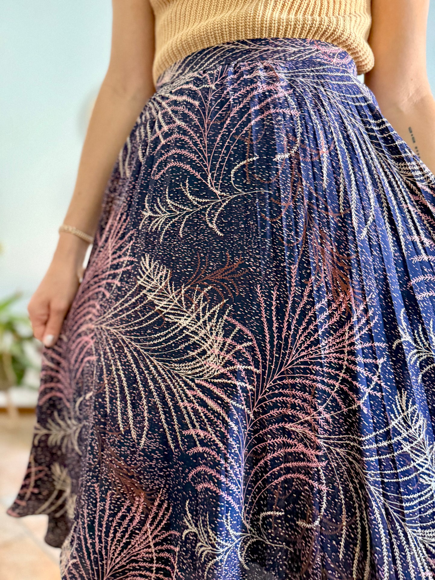 1970's vintage navy blue silk skirt with pink and cream abstract print