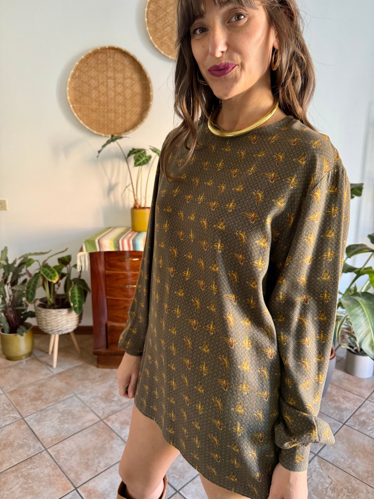 1970’s vintage Emporio Armani dark green, navy and burgundy duck print shirt dress