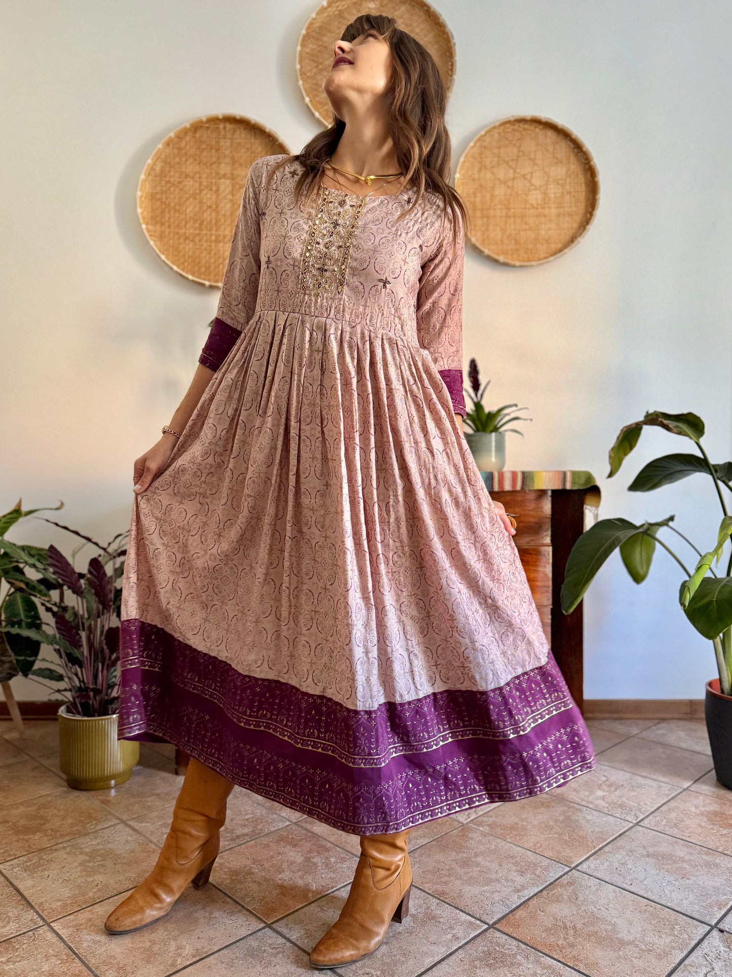 1970's vintage lilac midi dress with gold and purple geometric pattern and glass bead detailing