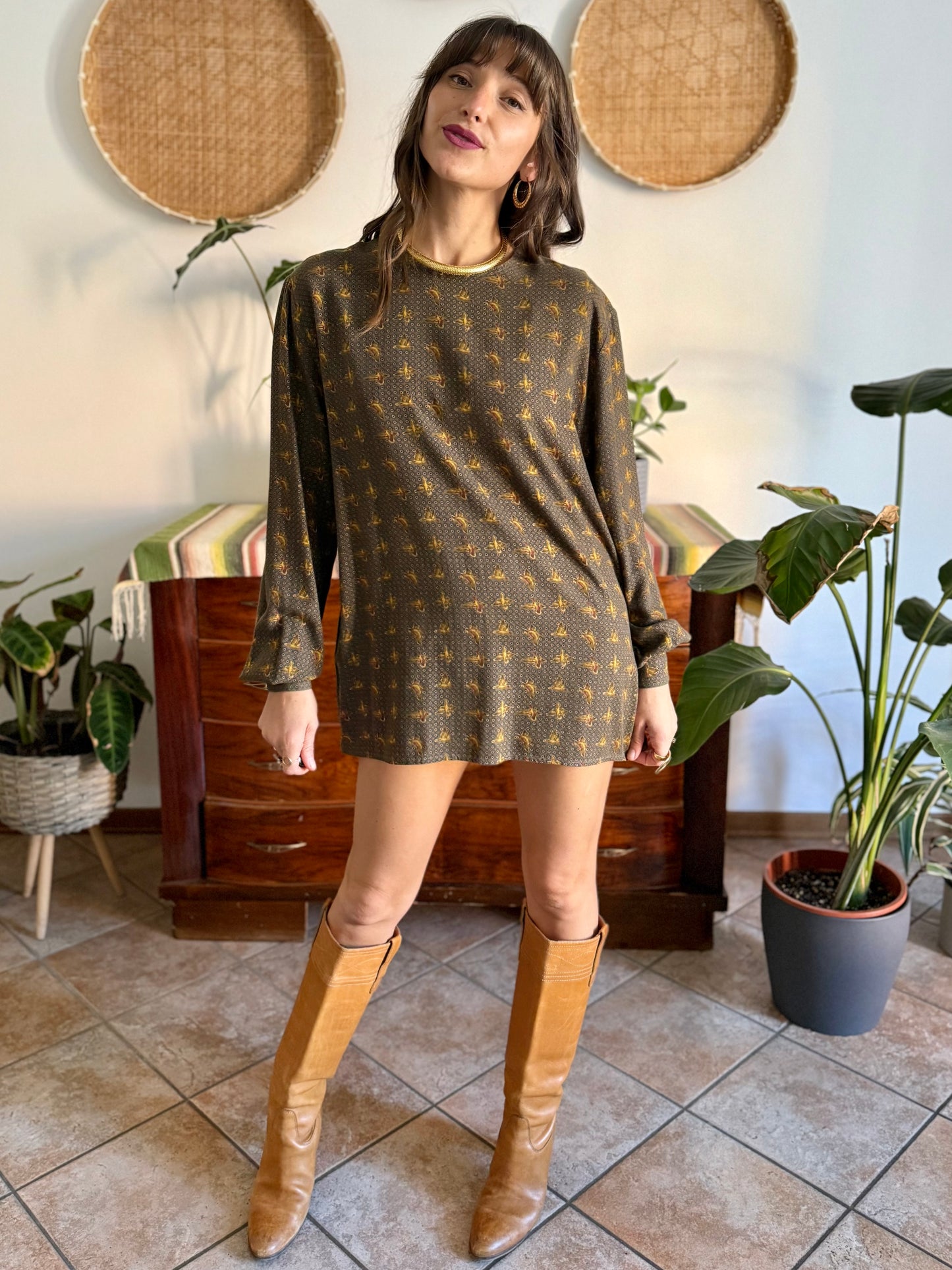 1970’s vintage Emporio Armani dark green, navy and burgundy duck print shirt dress