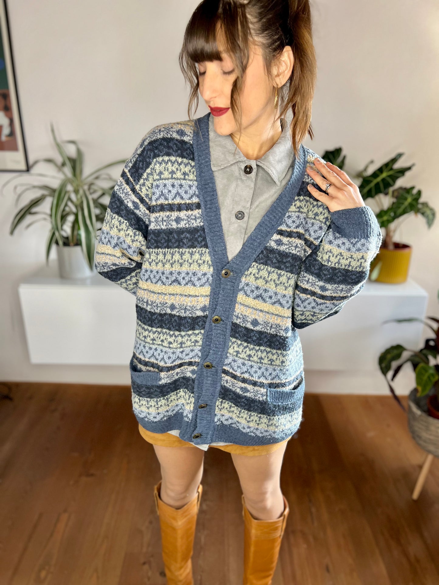 1970's vintage oversize blue and cream stripe cardigan