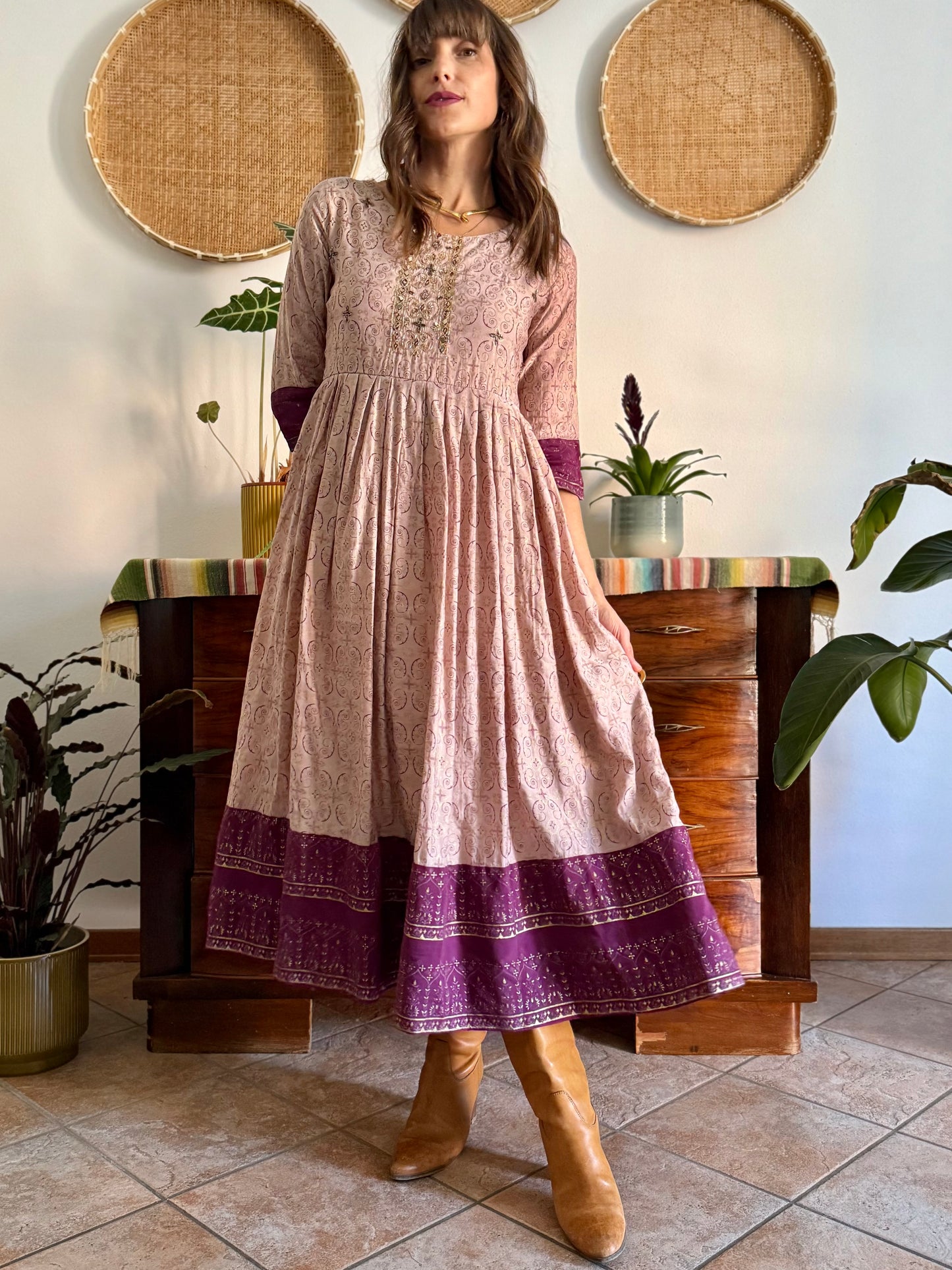1970's vintage lilac midi dress with gold and purple geometric pattern and glass bead detailing