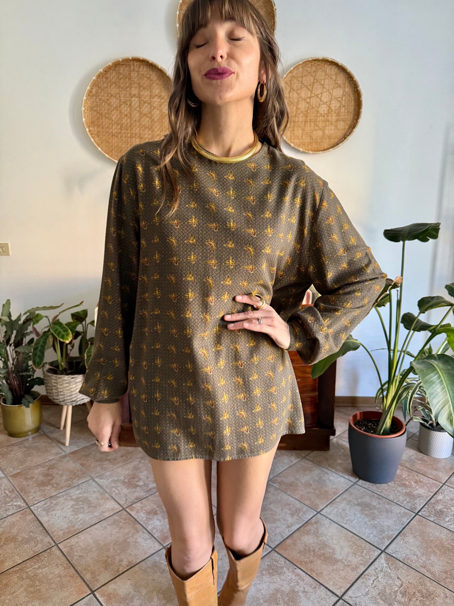 1970’s vintage Emporio Armani dark green, navy and burgundy duck print shirt dress