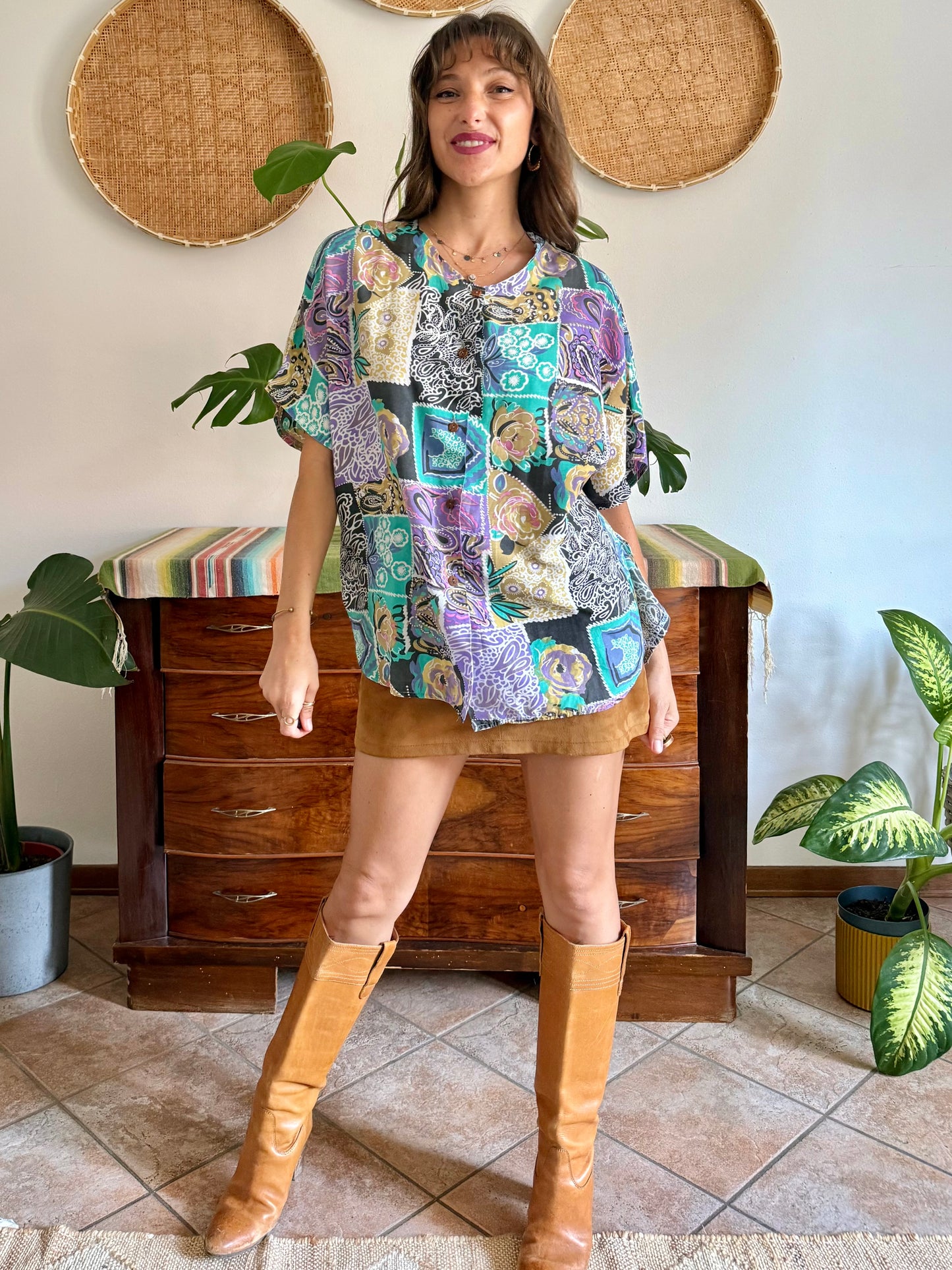 1990’s vintage lilac, turquoise and tan patchwork floral print blouse