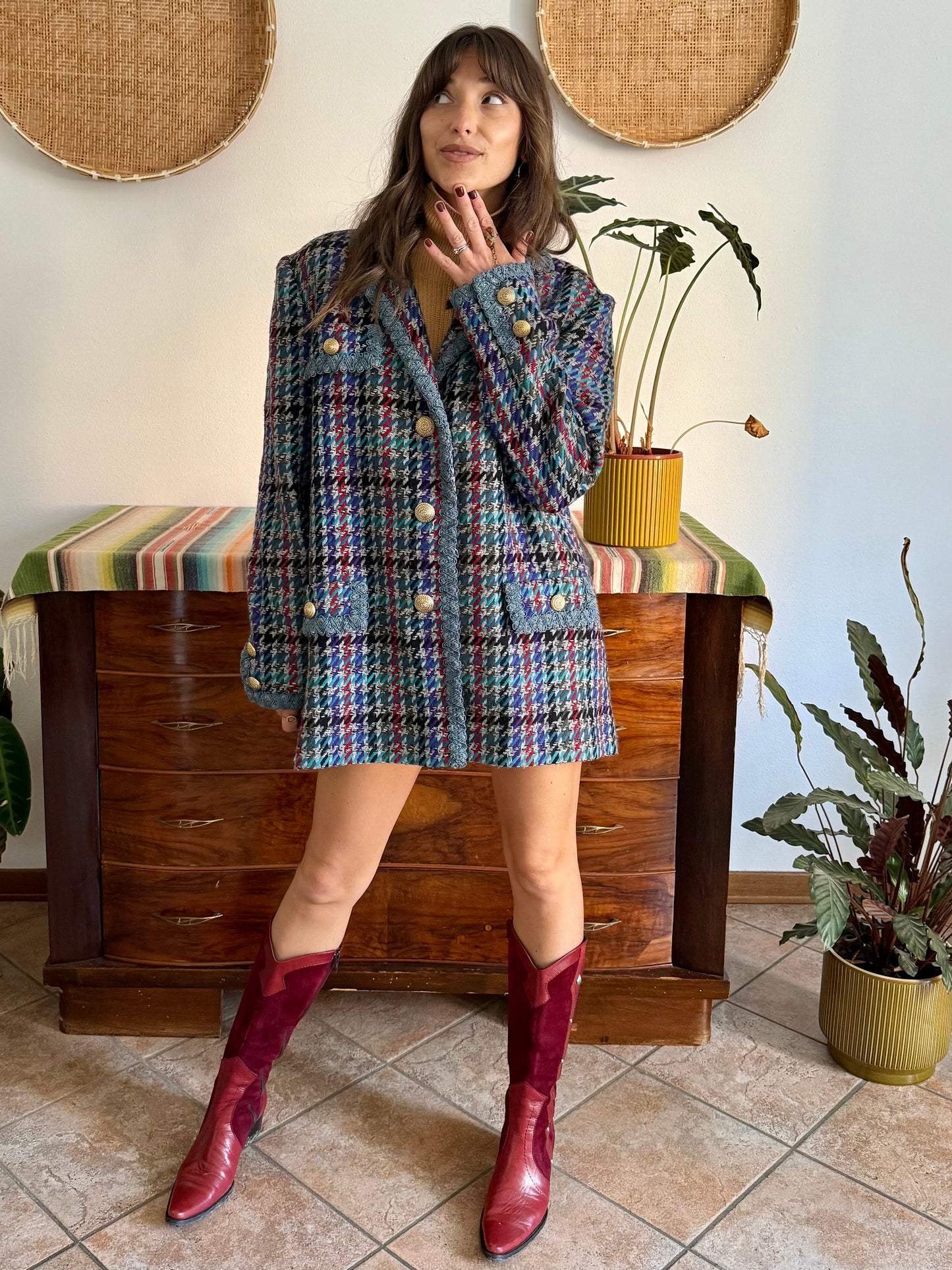 1970's vintage oversize wool blue, turquoise, and grey houndstooth plaid coat