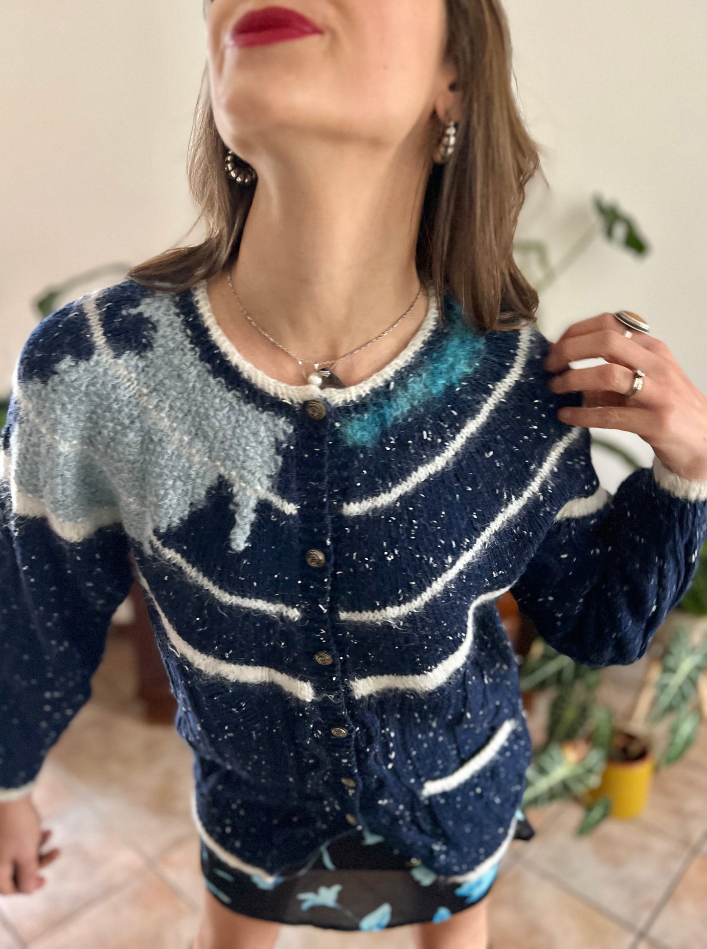 1970's vintage navy blue and cream speckled hand knit cardigan with turquoise asymmetric design