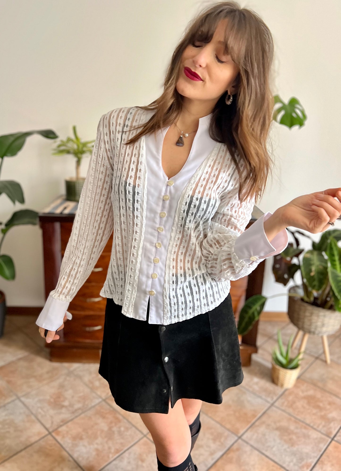 1970's vintage white and cream sheer textured blouse