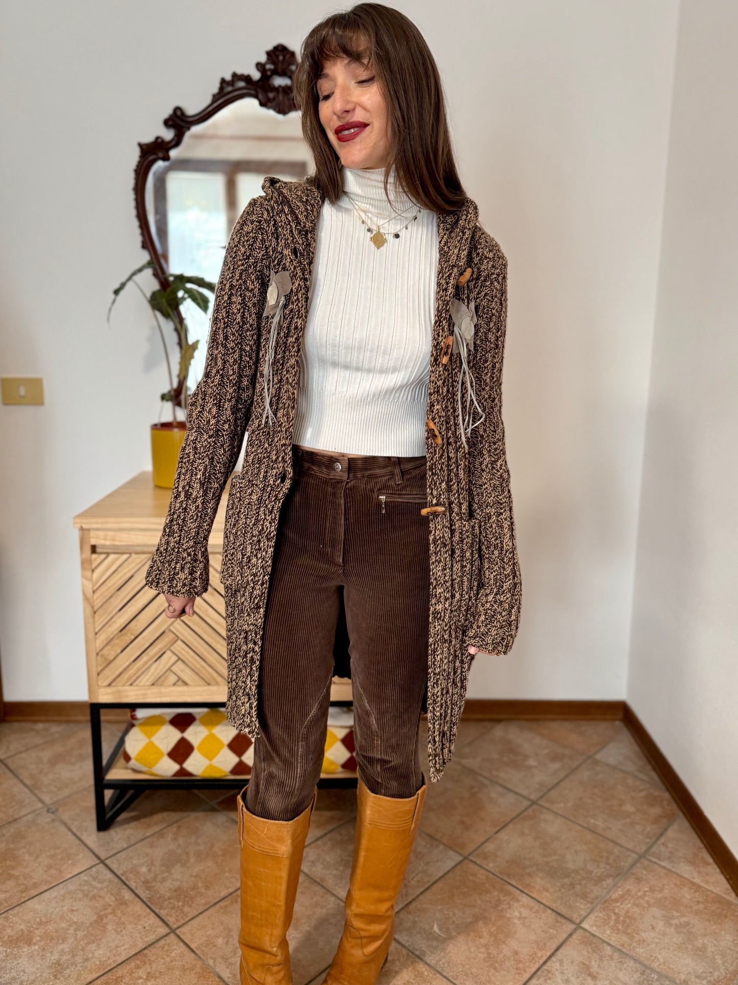 Y2K vintage chocolate brown and tan knit duster cardigan with suede flower details