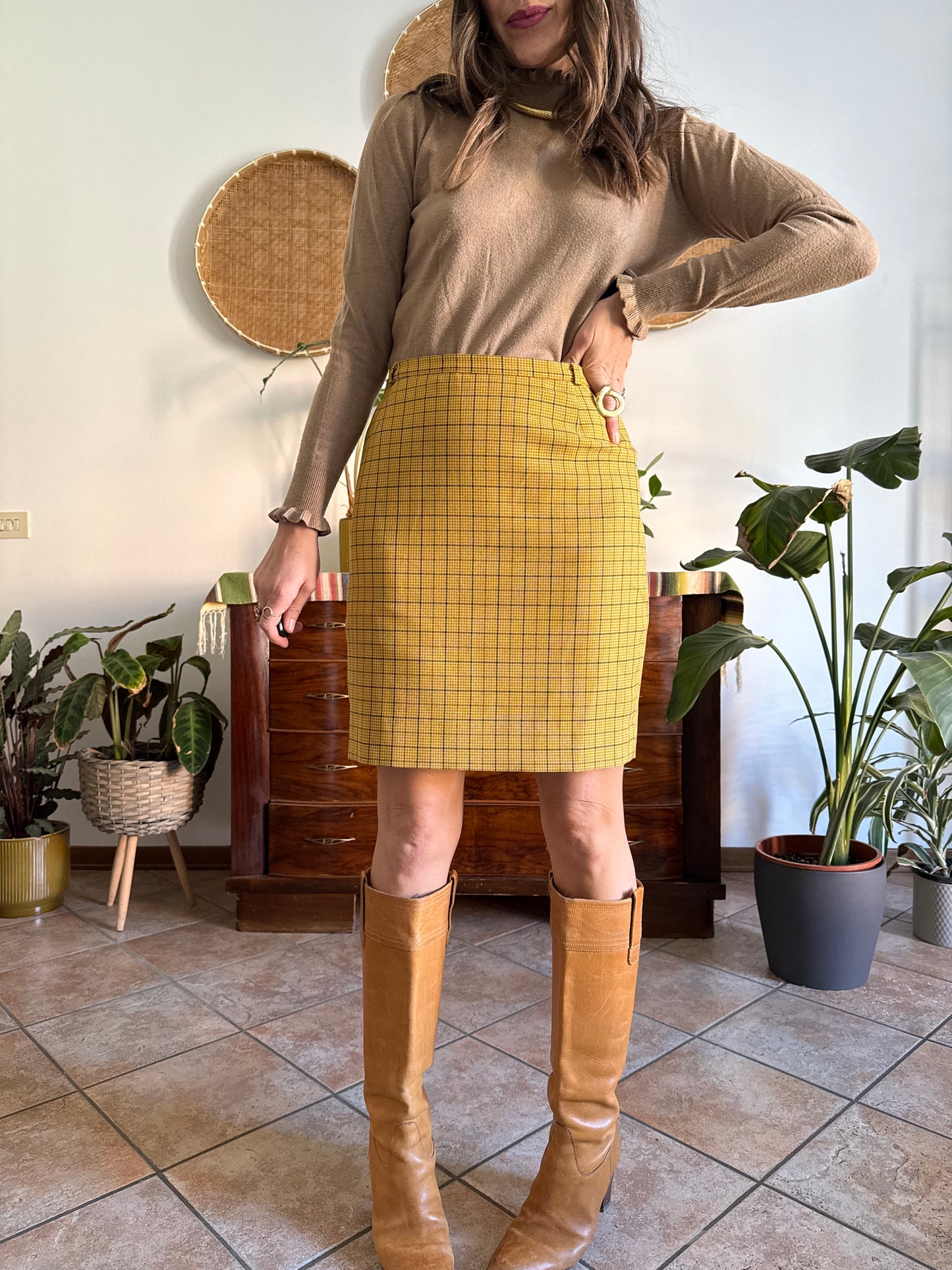 1970’s vintage mustard yellow and grey herringbone mini skirt