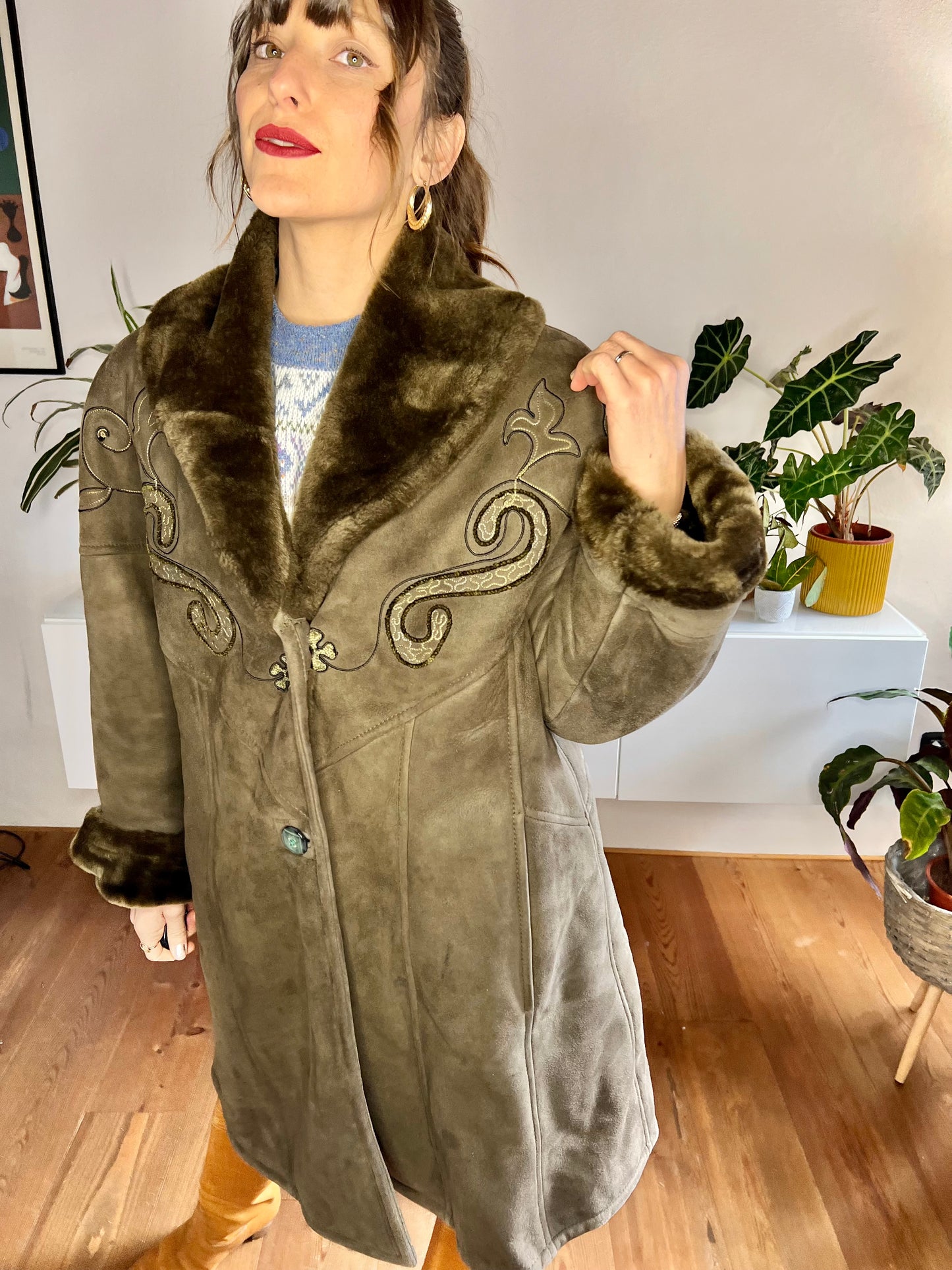 1970's vintage brown embroidered shearling coat