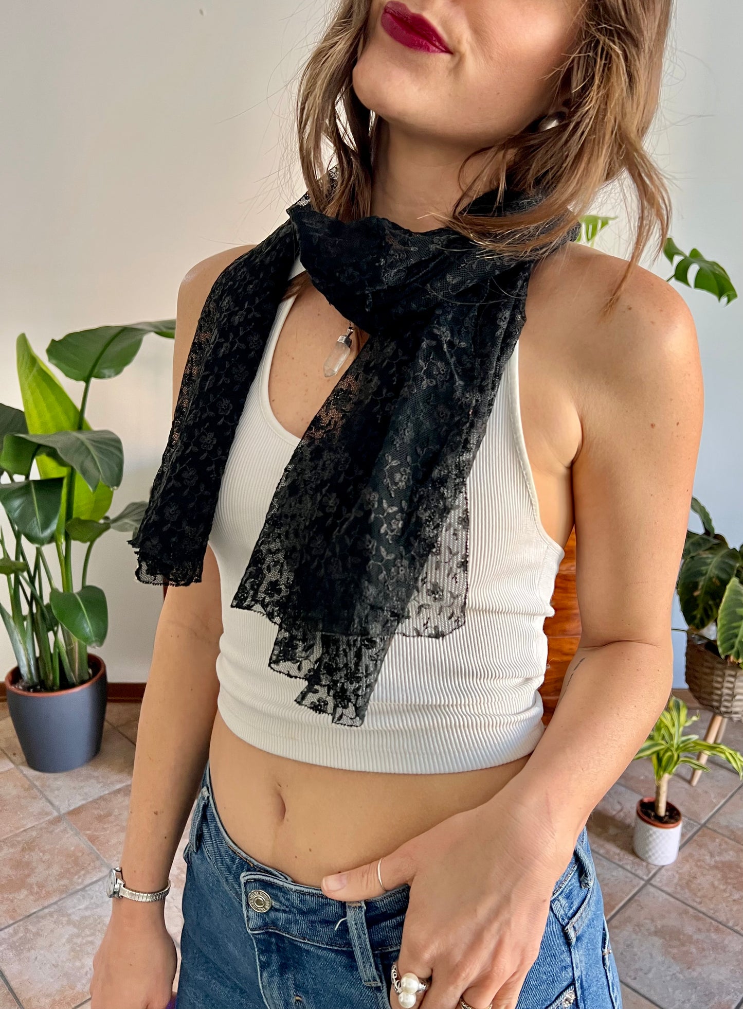 1950's vintage hand made black lace scarf