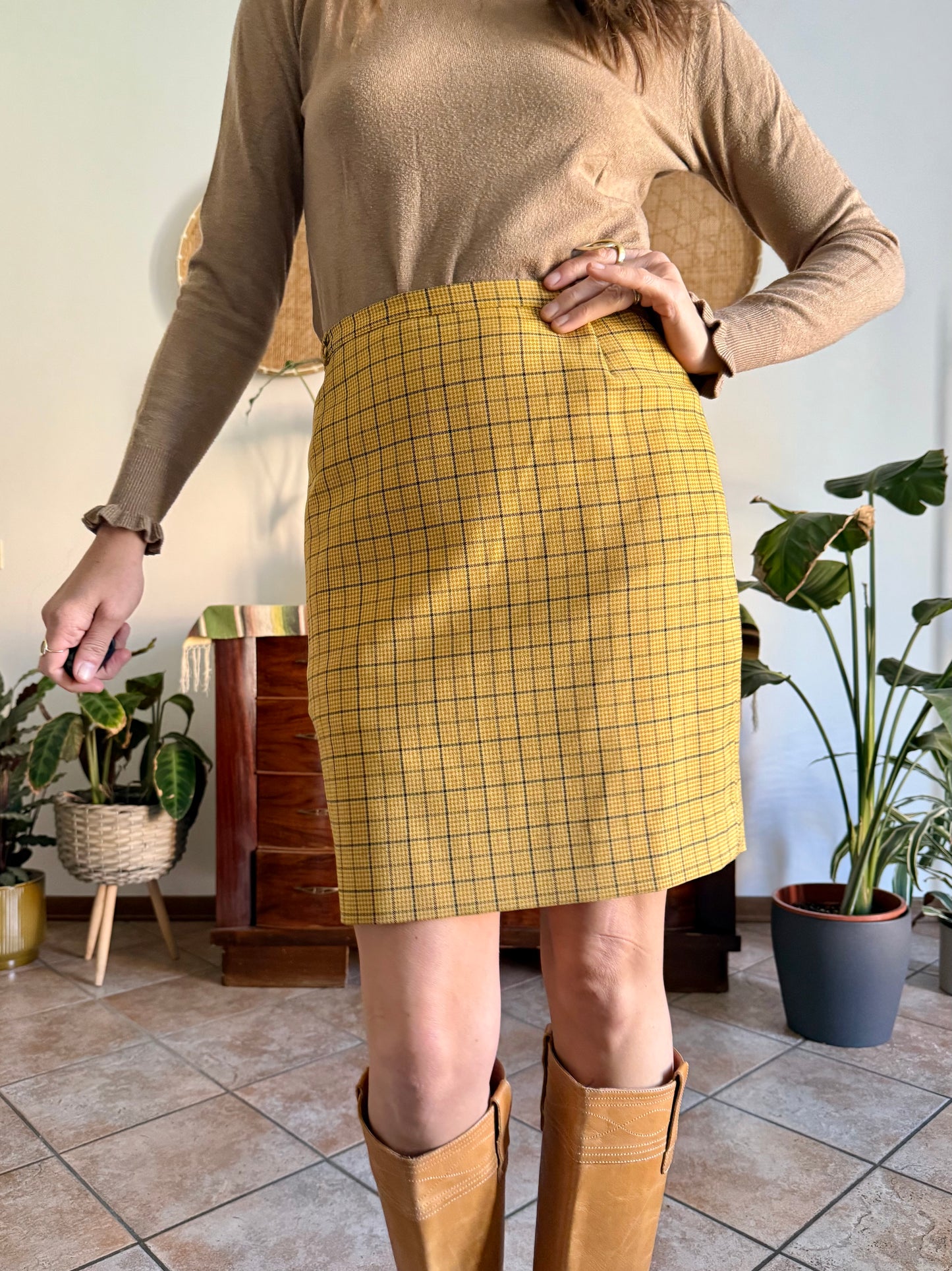 1970’s vintage mustard yellow and grey herringbone mini skirt
