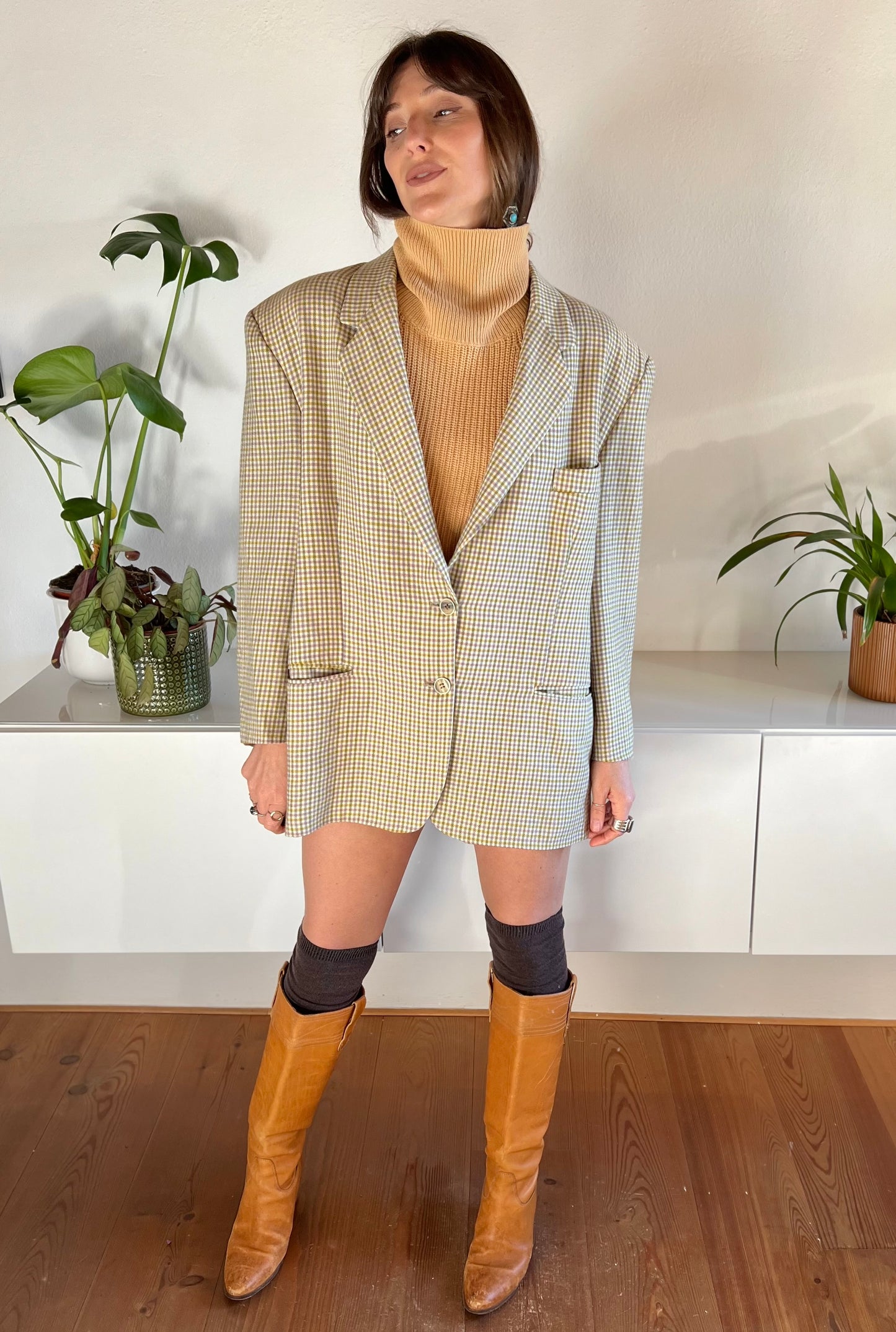 1970's vintage mint and pink oversize plaid wool blazer