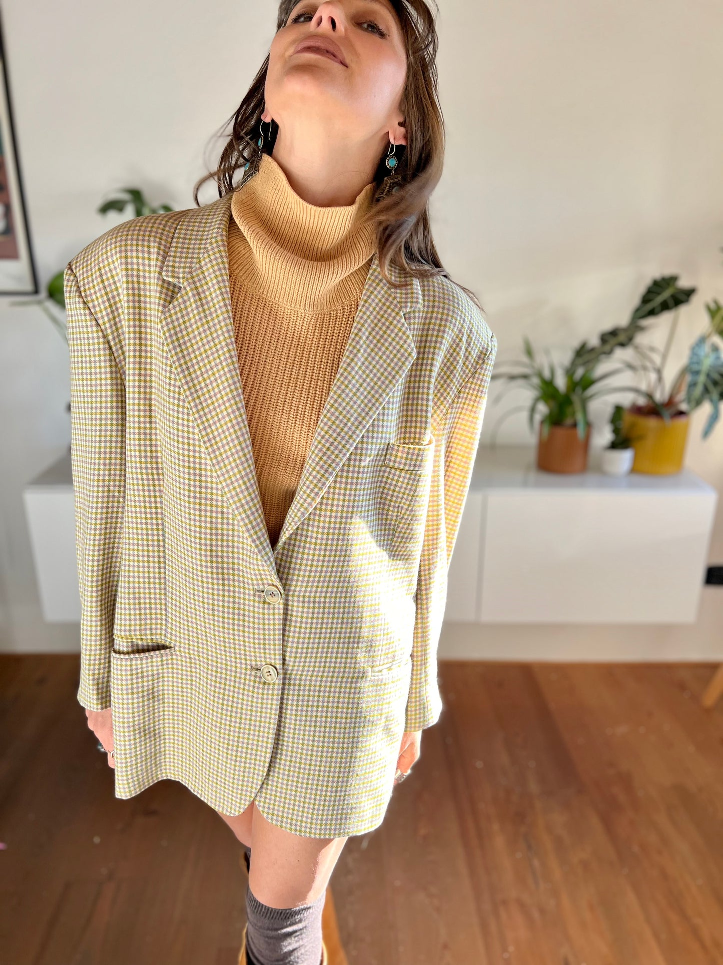 1970's vintage mint and pink oversize plaid wool blazer