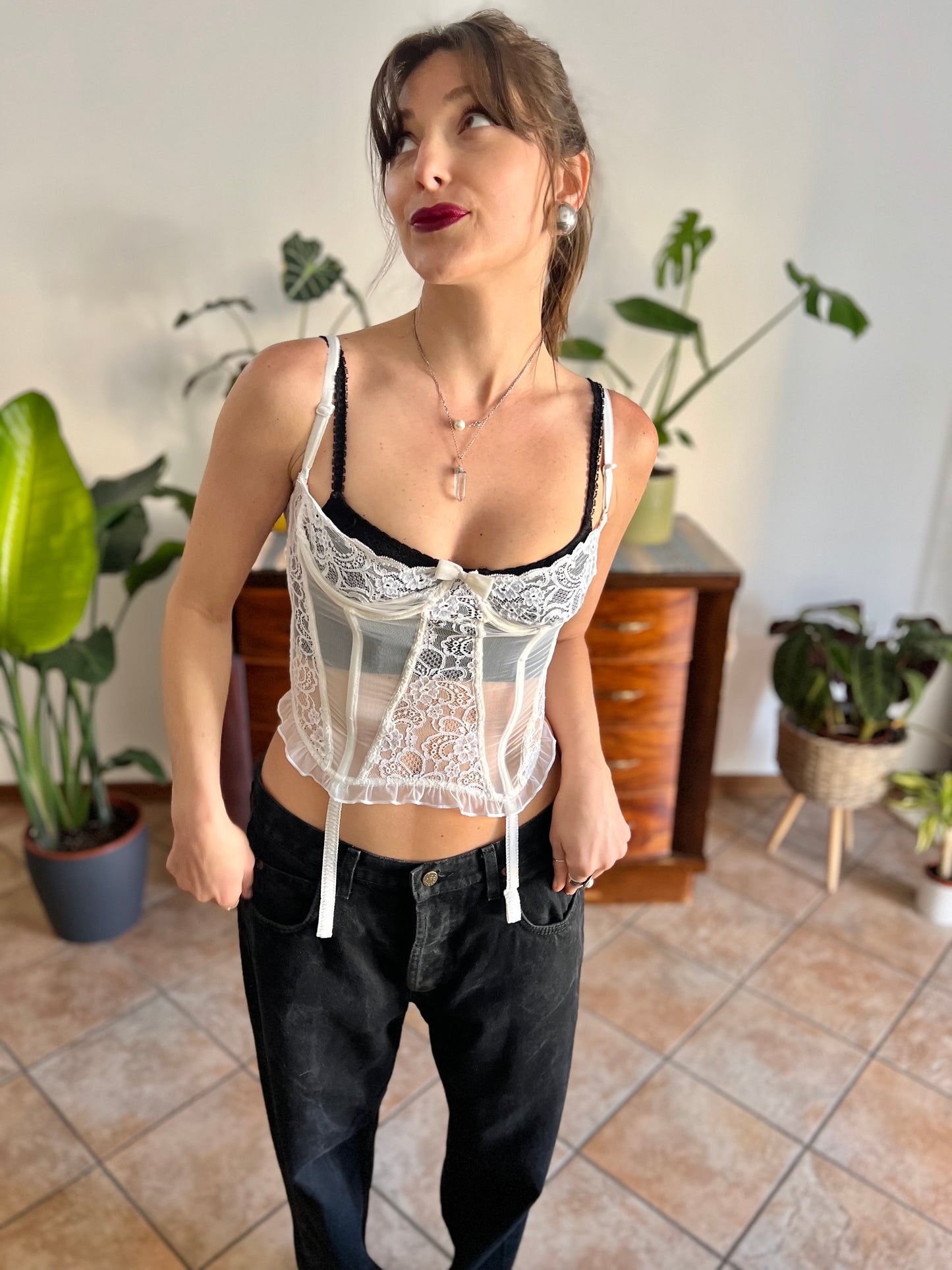 1970's vintage coquette cream sheer lace bustier with ruffle and lace details