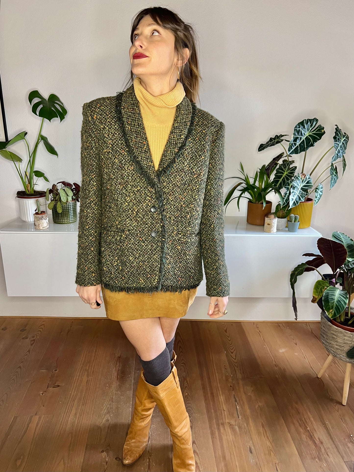 1970's vintage green wool blend green boucle blazer with fringe detail