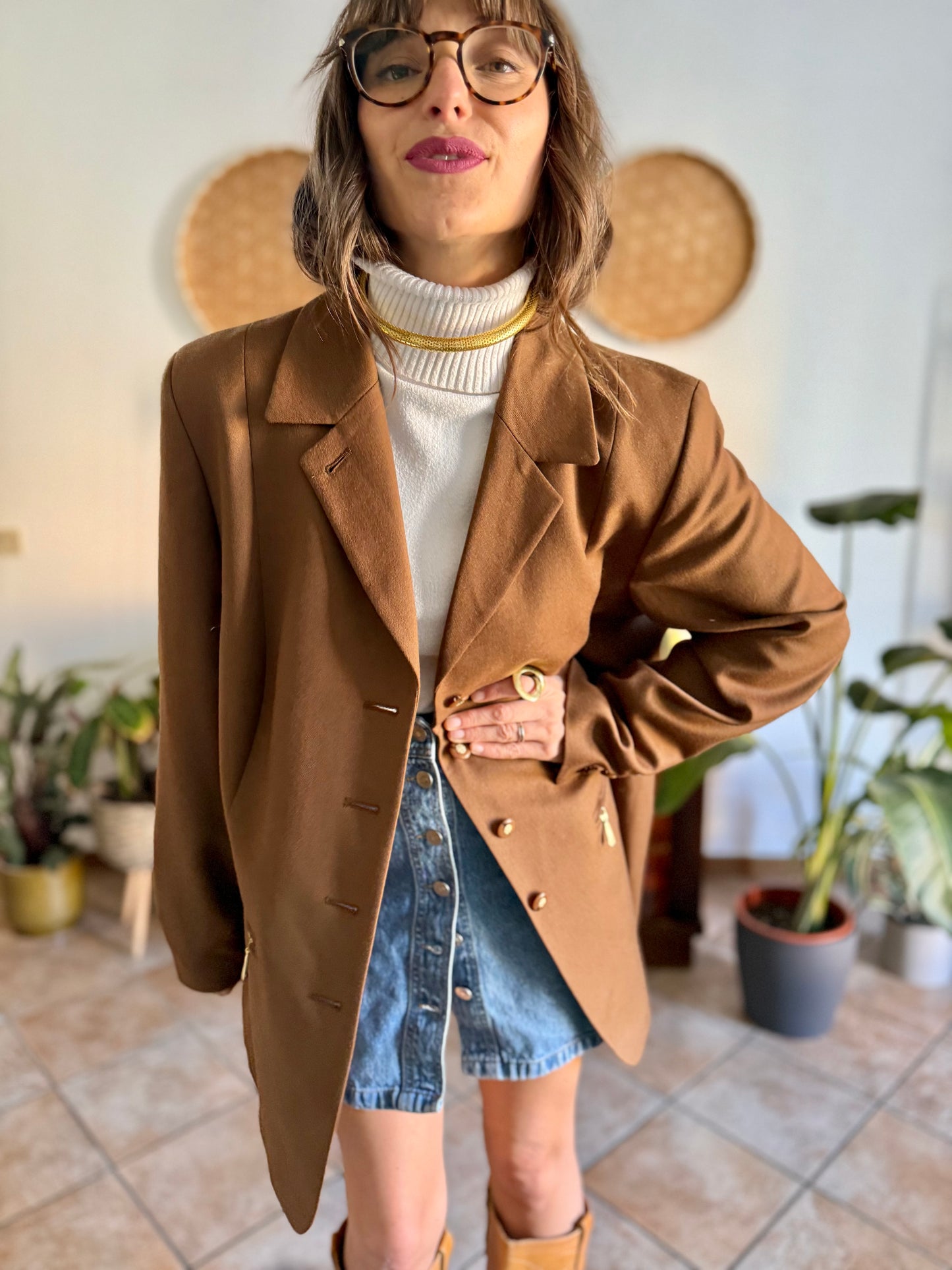 1970's vintage chocolate brown oversize wool jacket with gold metal details