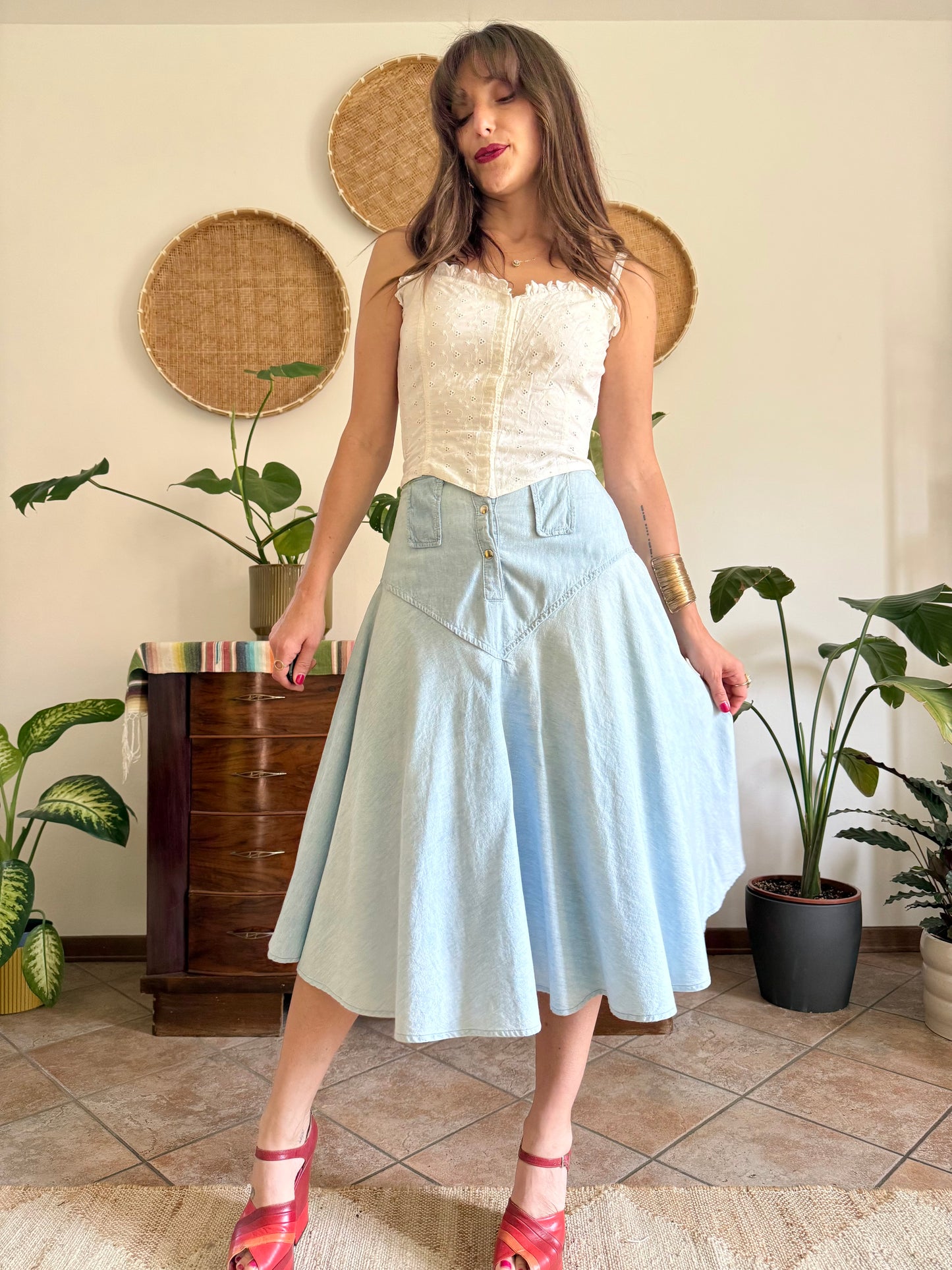 1970’s vintage light wash denim midi skirt