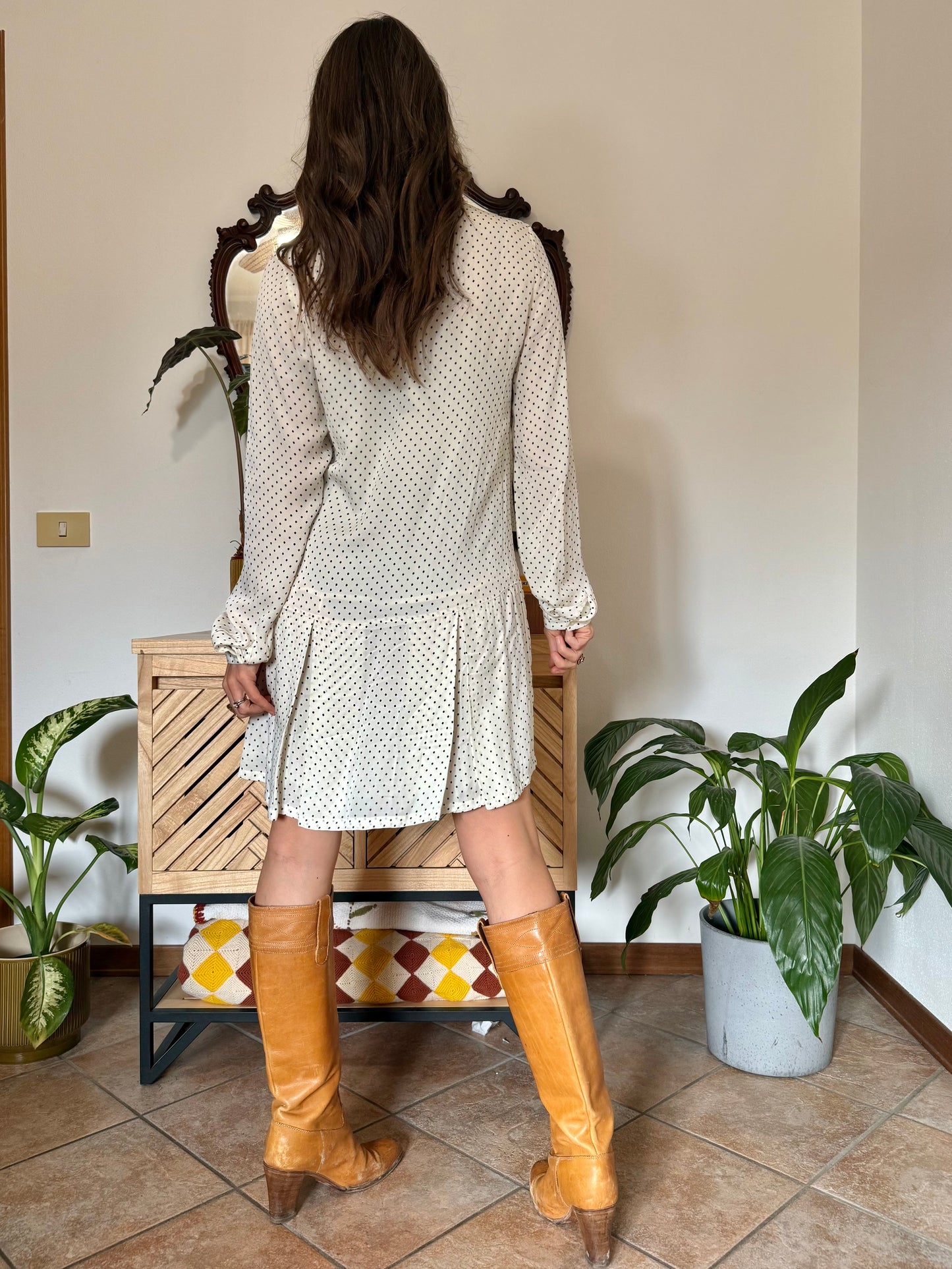 1990’s vintage cream pleated mini dress with black polkadots and bow tie neck