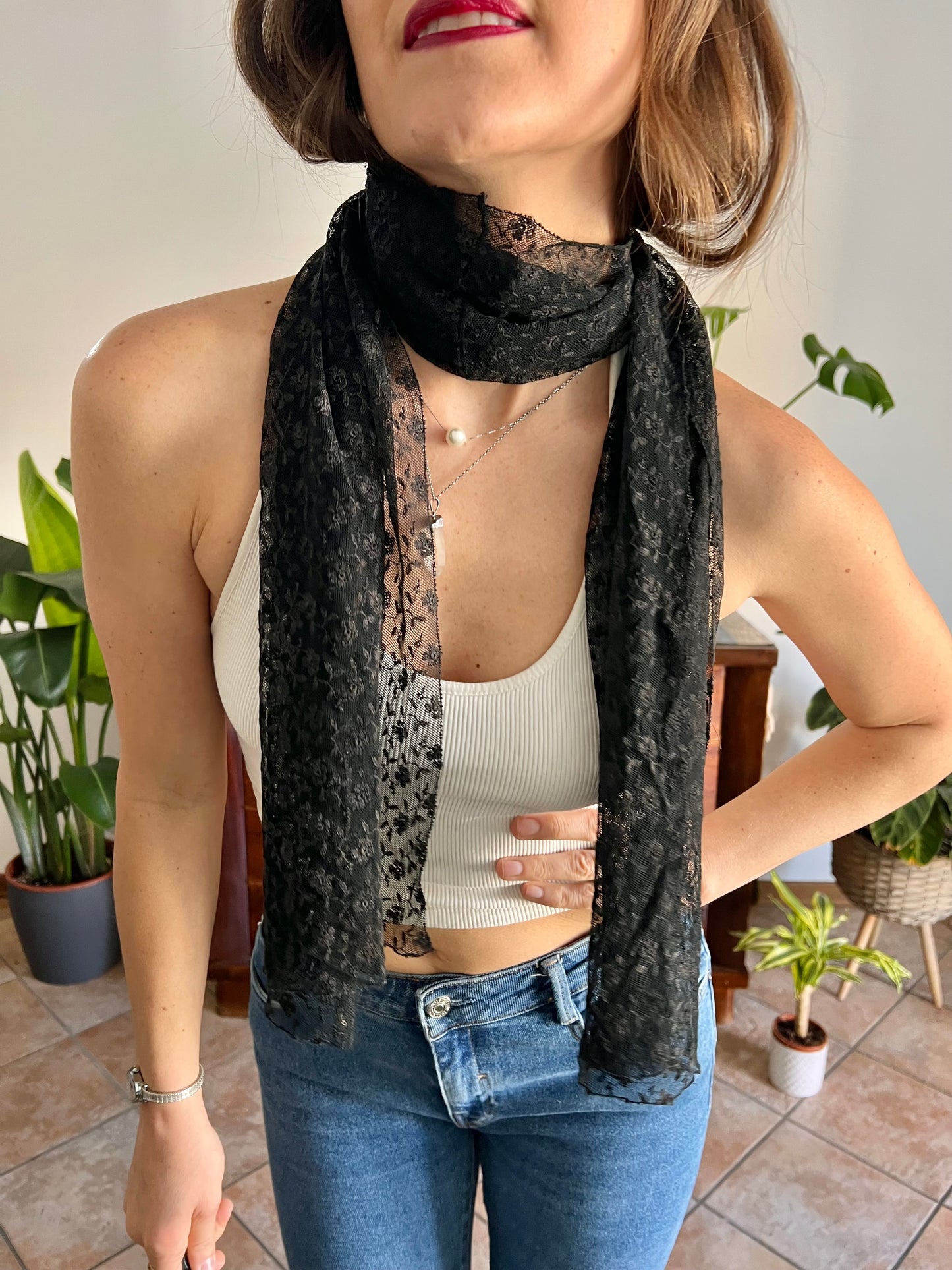 1950's vintage hand made black lace scarf
